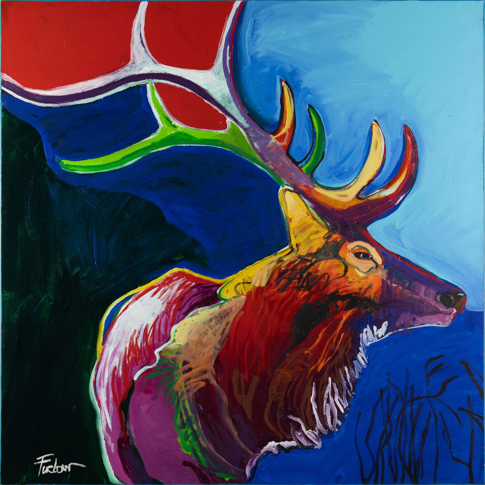 Malcolm Furlow, b.1946, Electric Elk: Malcolm Furlow b.1946 Electric Elk acrylic and oil on canvas signed lower left: Furlow verso: titled and signed 40 x 40 in. Provenance: From the Estate of D. Richard Ryan, Jr.