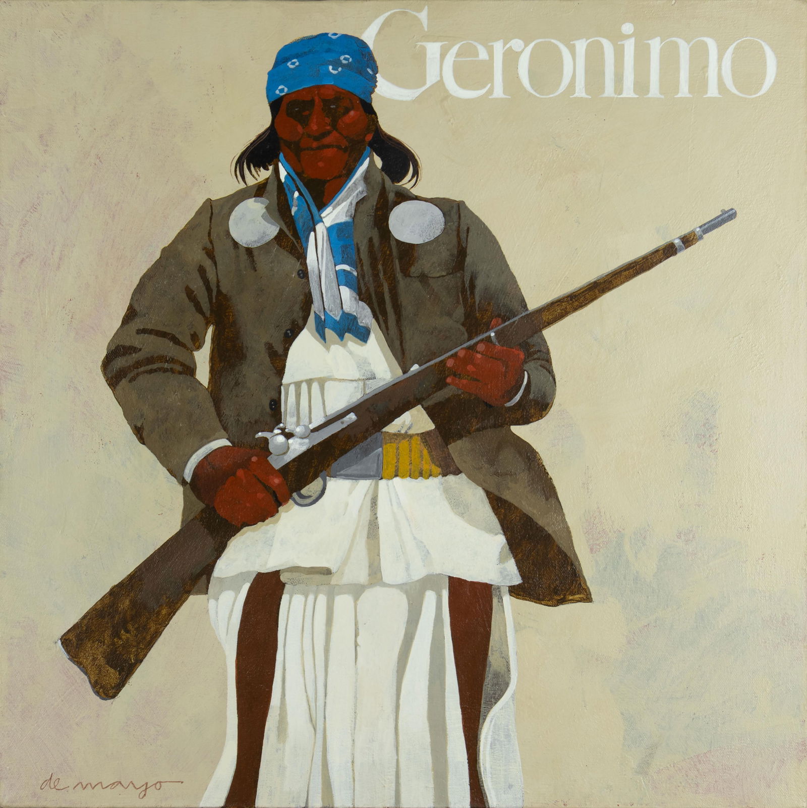 Louis De Mayo, 1926-2016, Geronimo: Louis De Mayo 1926-2016 Geronimo oil on canvas signed lower left: de mayo 20 x 20 x 3/4 in. Provenance: Ratliff-Williams Gallery, Sedona, AZ Private Collection, Carmel, IN