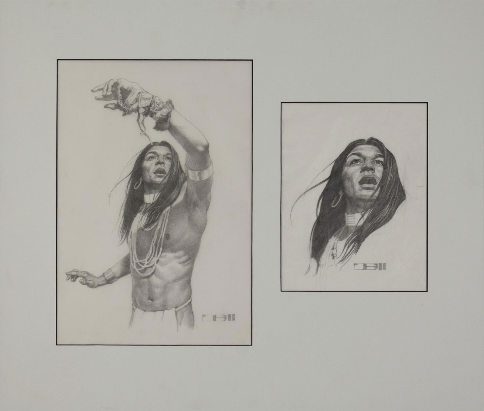 Thomas Blackshear, b.1955, Taking Flight Study: Thomas Blackshear b.1955 Taking Flight Study pencil on paper signed lower left: (artist monogram/cipher) (each) left side: 11 3/4 x 8 right side: 7 3/4 x 6 Frame: 19 1/4 x 22 1/2 x 1 in. 