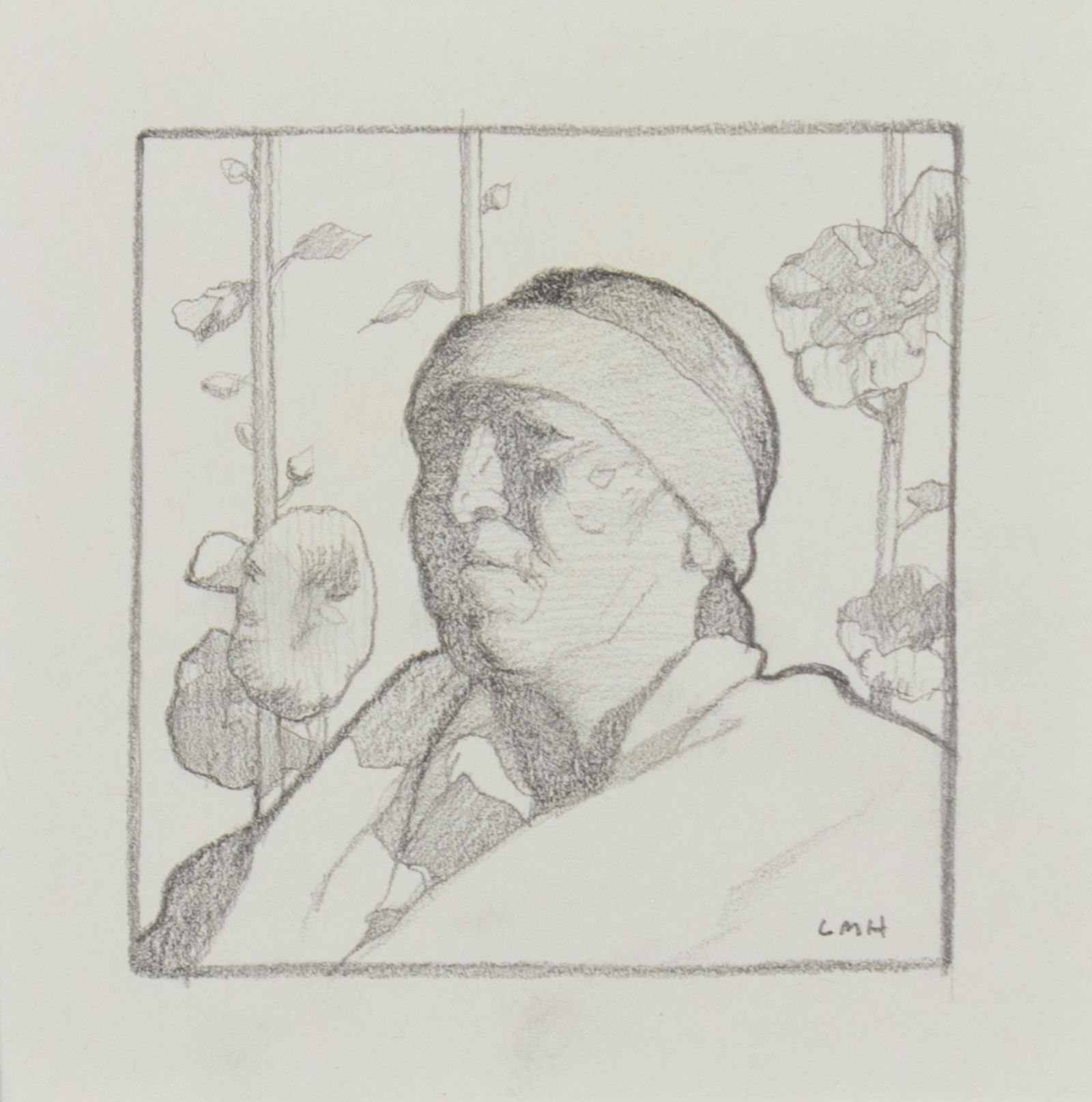 Logan Maxwell Hagege, b.1980, Portrait with Hollyhocks: Logan Maxwell Hagegeb.1980Portrait with Hollyhockspencil on papersigned lower right: LMH4 1/4 x 4 1/4 in., Frame: 11 1/4 x 11 1/4 x 1 3/4 in. Provenance:Maxwell Alexander Gallery (label ve