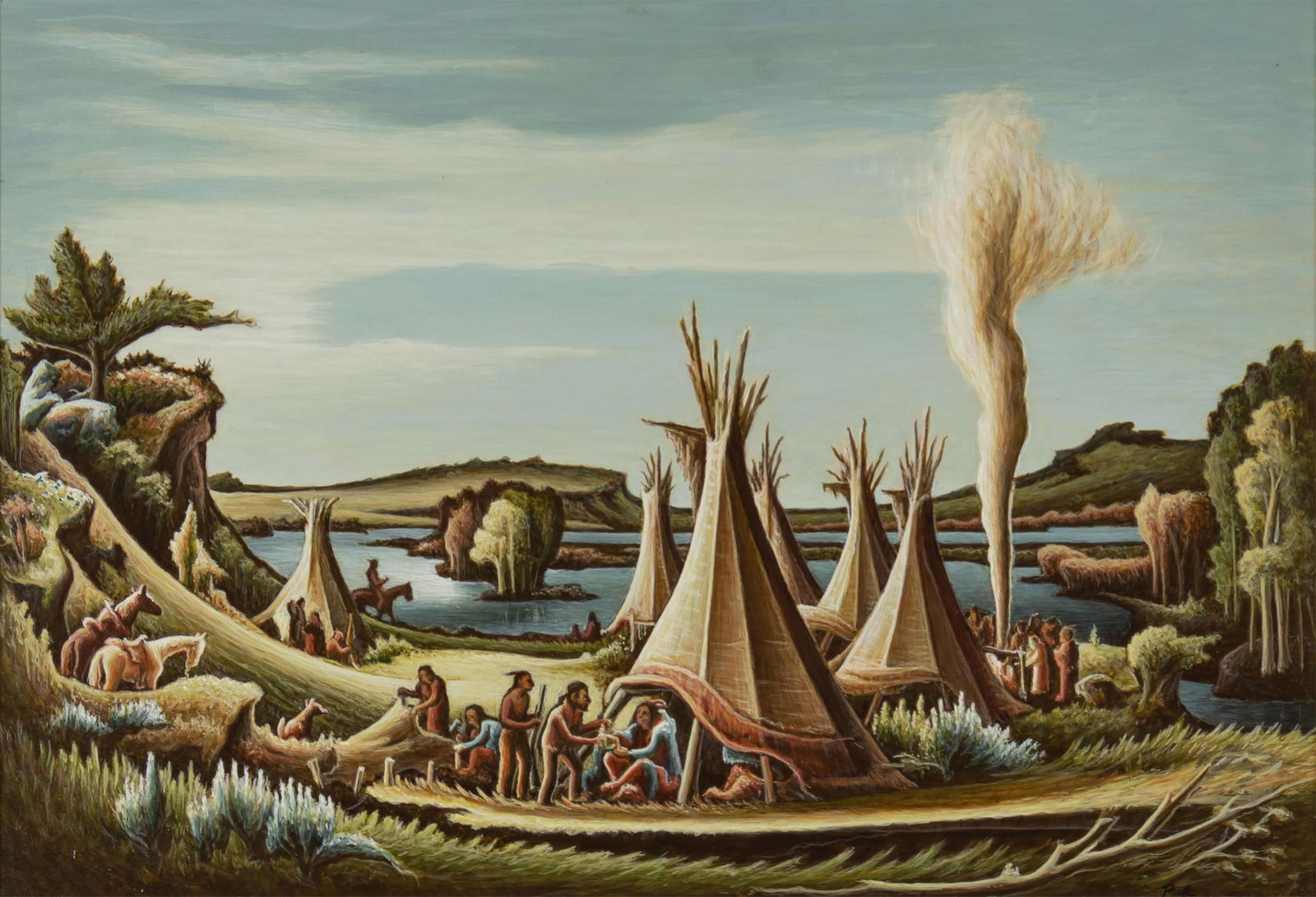 Aaron Gunn Pyle, 1903-1972, Indian Village: Aaron Gunn Pyle 1903-1972 Indian Village egg tempera on masonite signed lower right: Pyle verso: titled 13 x 19 in., Frame: 20 1/4 x 25 1/4 x 1 1/4 in. Provenance: From the Leo Family Collection