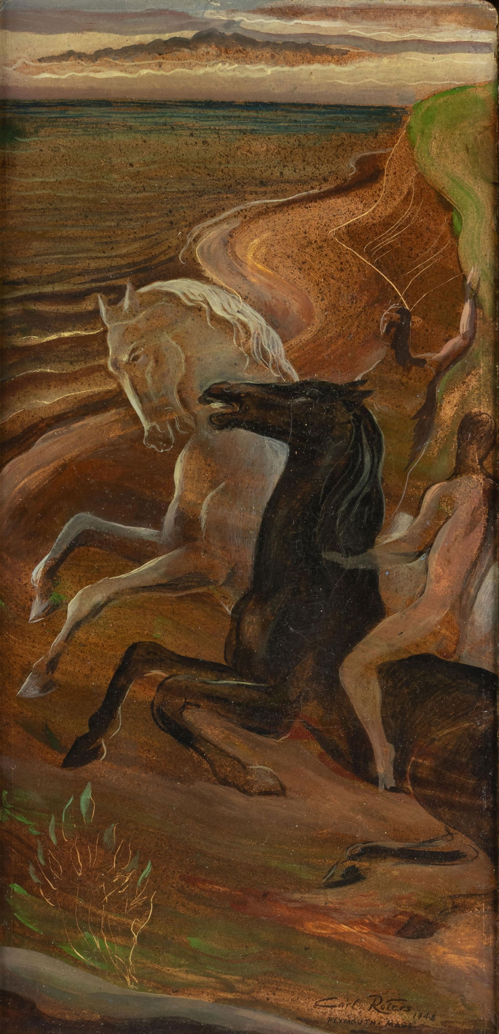 Carl Roters, 1898-1989, Wild Ride, 1948: Carl Roters 1898-1989 Wild Ride, 1948 polymere on masonite signed and dated lower right: Carl Roters 1948 Plymouth . Mass. 19 3/4 x 9 1/4 in., Frame: 21 1/4 x 11 1/4 x 3/4 in. Provenance: From the