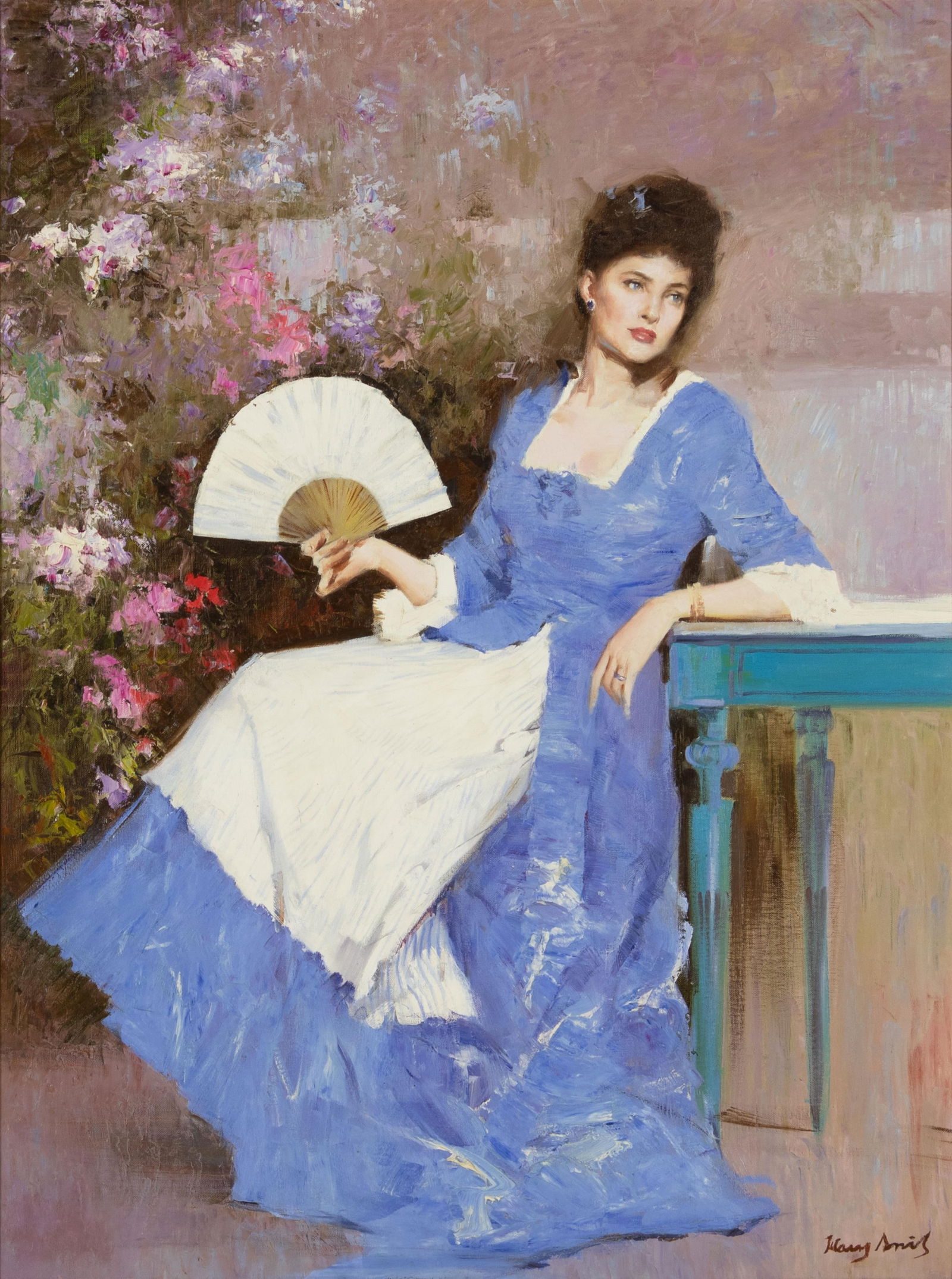 Hans Amis, b.1957, Lady with a Fan: Hans Amisb.1957Lady with a Fanoil on canvassigned lower right: Hans Amis40 x 30 in., Frame: 48 3/8 x 38 1/4 x 1 3/8 in. Provenance:From a Private Collection