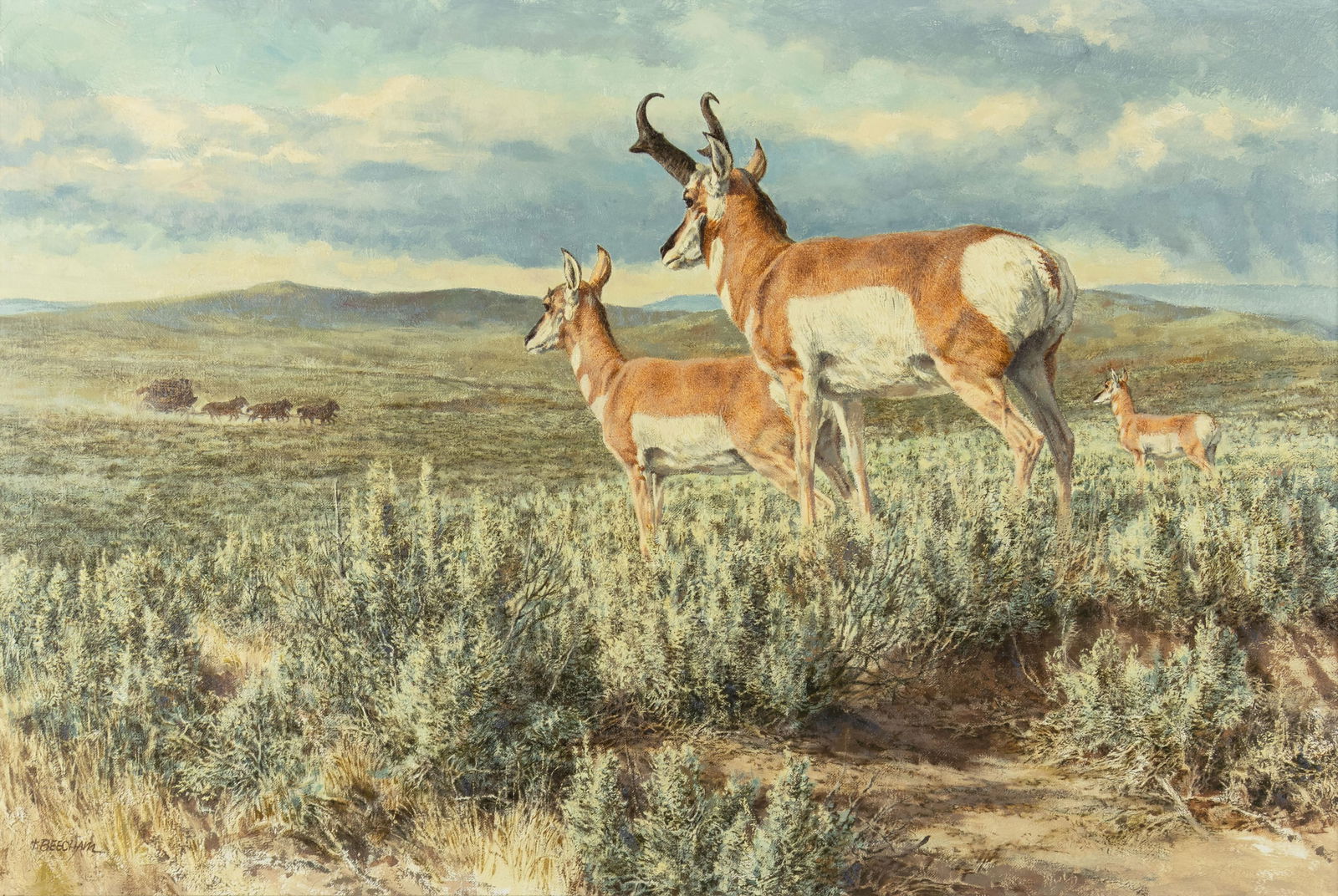 Tom Beecham, 1926-2000, Pronghorn Antelope Watching a Stagecoach: Tom Beecham 1926-2000 Pronghorn Antelope Watching a Stagecoach oil on canvas signed lower left: T. Beecham 24 x 36 1/2 in., Frame: 32 3/8 x 44 1/2 x 1 3/4 in. Provenance: Private Collection, Tulsa,