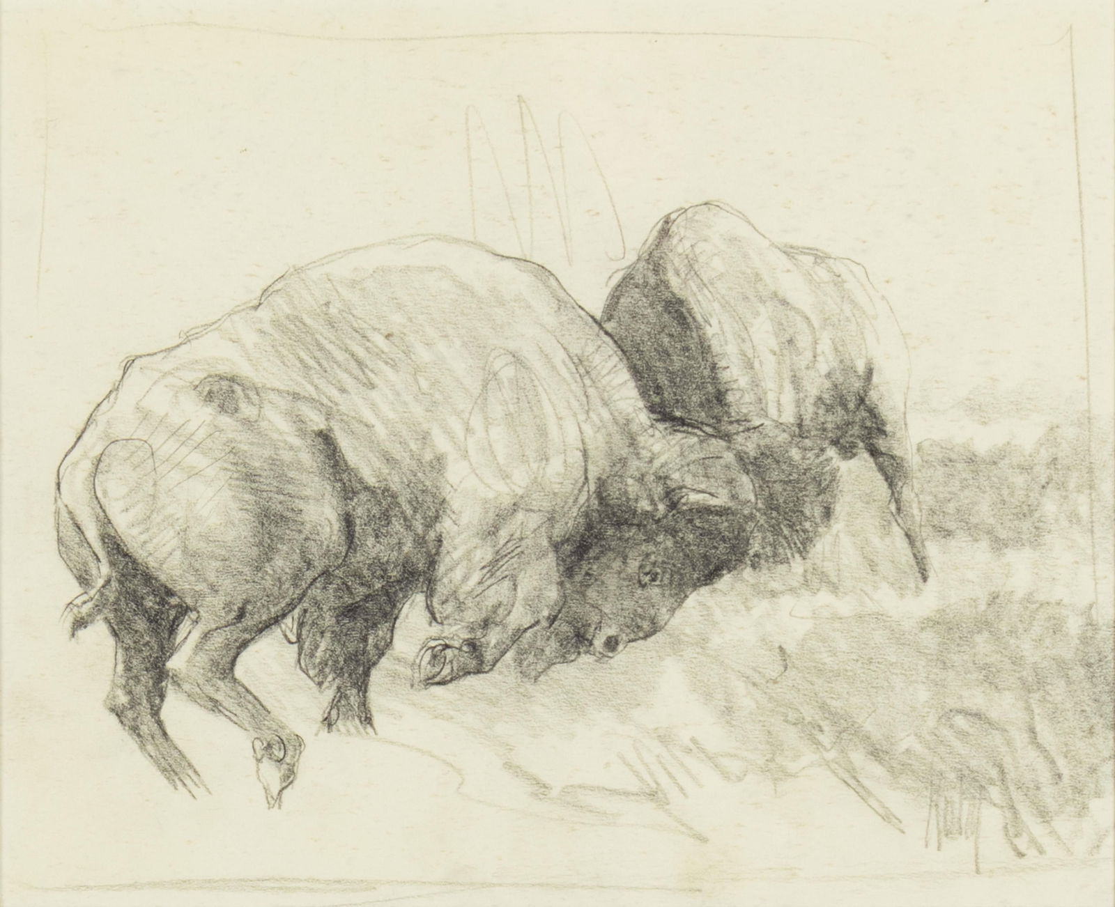 Bob Kuhn, 1920-2007, Clashing Bison: Bob Kuhn1920-2007Clashing Bisonpencil on papersigned lower right: Kuhnnote: Apparent study for Kuhn's painting Battle of the Titans, painted in 1995.7 1/2 x 9 1/4 in., Frame: 16 1/8 x 17 5/8 x 1 in. <