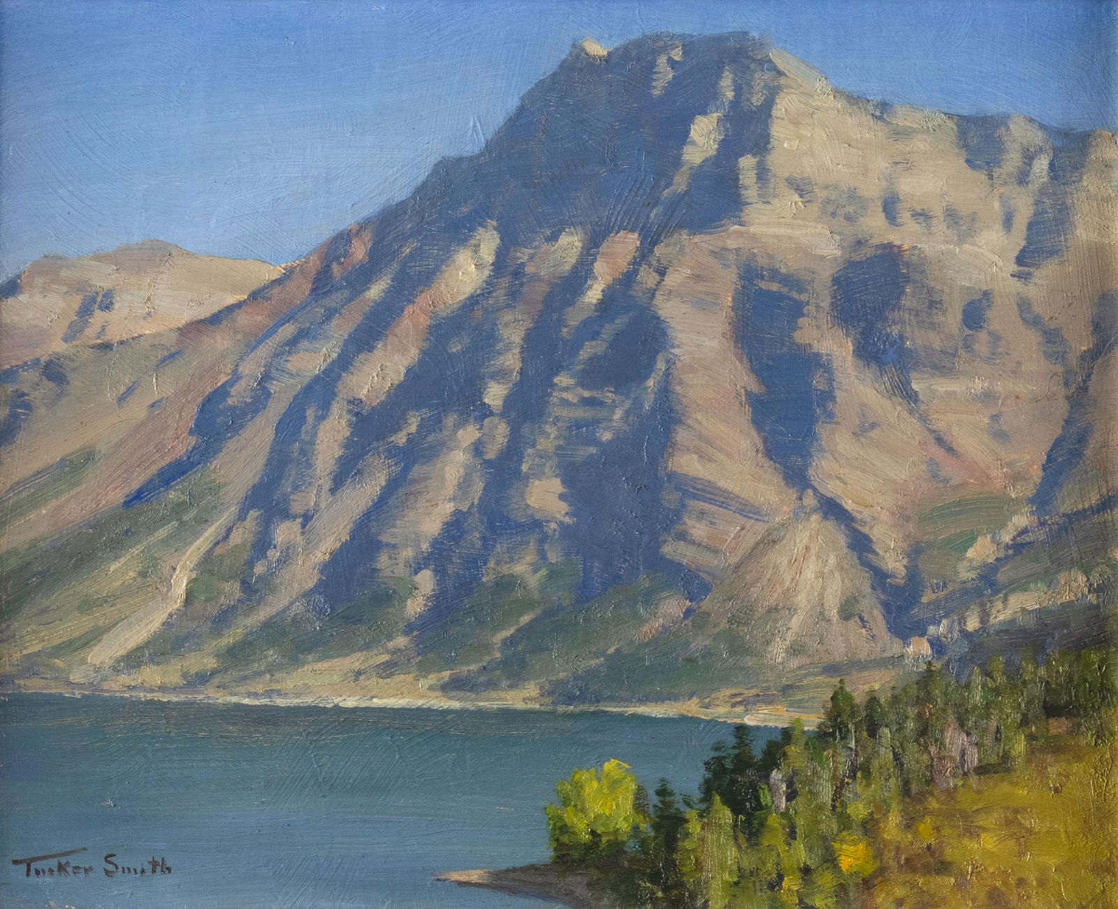 Tucker Smith, b.1940, Middle Waterton Lake: Tucker Smithb.1940Middle Waterton Lakeoil on masonitesigned lower left: Tucker Smithverso: titled8 x 10 in., Frame: 12 5/8 x 14 1/2 x 1 1/4 in. Provenance:From the Collection of Curt