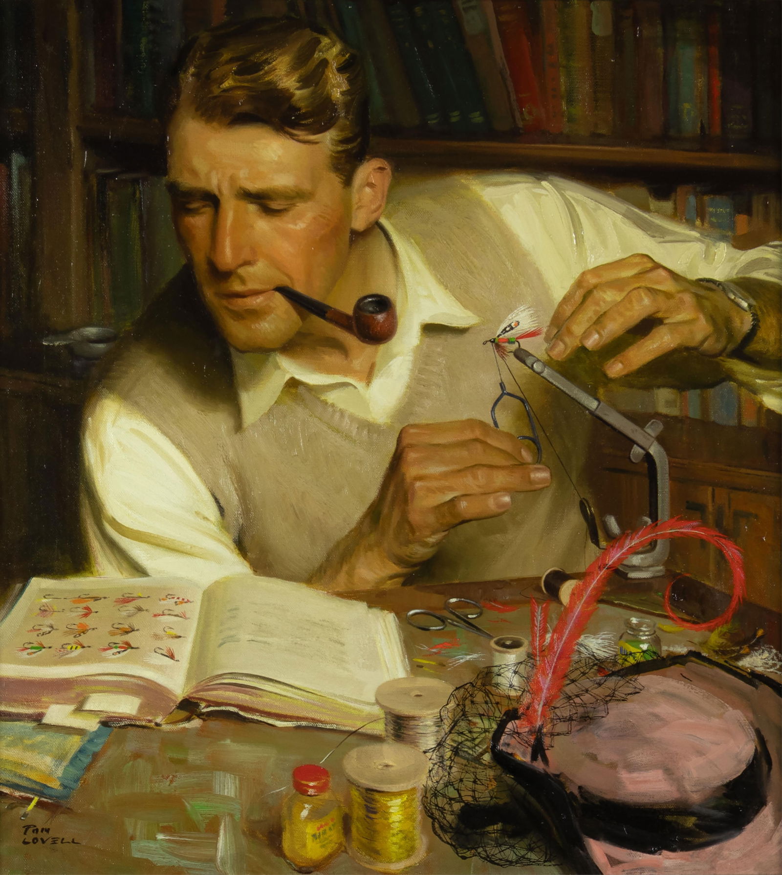 Tom Lovell, American 1909-1997, Tying Flies: Tom Lovell American, 1909-1997 Tying Flies oil on canvas signed lower left: Tom Lovell verso: signed 22 1/2 x 21 in., Frame: 34 1/2 x 32 1/2 x 2 1/2 in. Provenance: From the Collection of Bruce