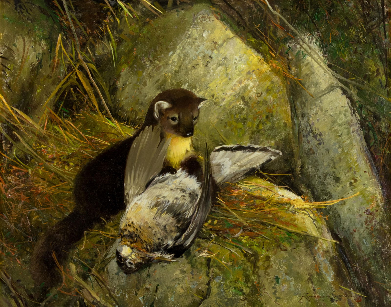 Michael Coleman, b.1946, In the Great North Woods - Marten & Hawk: Michael Colemanb.1946In the Great North Woods - Marten & Hawkoil on panelsigned lower right: Michael Coleman ©15 1/2 x 19 in., Frame: 24 x 28 x 3 in. Provenance:The Legacy Gallery, Scottsd