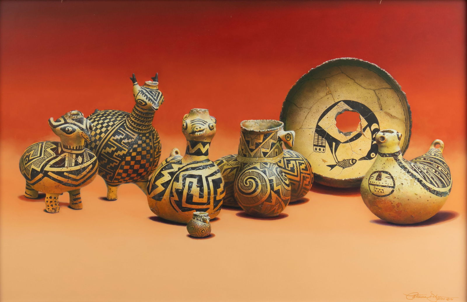 Patricia Dobson, b.1947, At the Zoo, Animal Effigy Pottery 1100-1400 A.D, 1995: Patricia Dobsonb.1947At the Zoo, Animal Effigy Pottery 1100-1400 A.D, 1995oil on boardsigned and dated lower right: Patricia Dobson AICA © 9518 1/2 x 28 1/2 in., Frame: 26 x 35 3/4 x 3 in. Prove