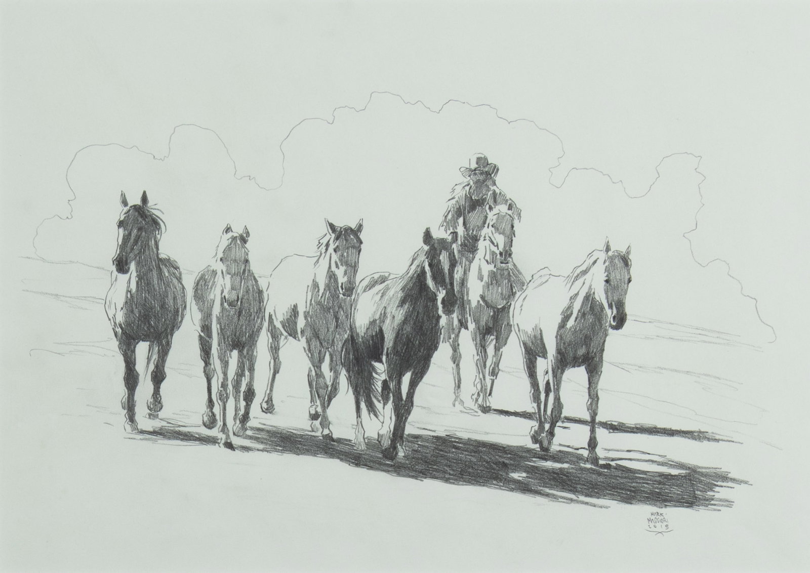 Mark Maggiori, Wrangling Five, 2019: Mark Maggiori b.1977 Wrangling Five, 2019 graphite on paper signed and dated lower right: MARK MAGGIORI 2019 10 1/2 x 15 in., Frame: 18 5/8 x 23 1/8 x 1 in. Provenance: From a Private Collection
