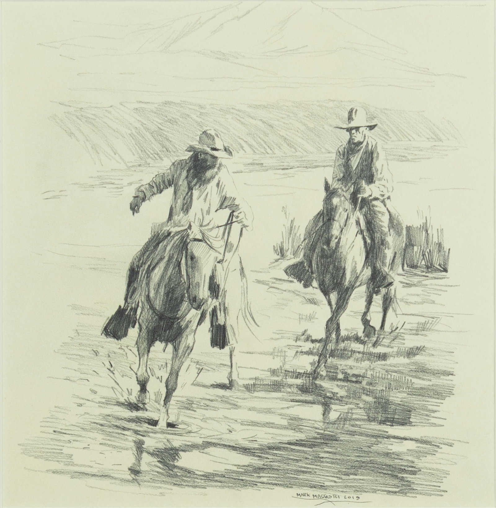 Mark Maggiori, Two Riders, 2019: Mark Maggiori b.1977 Two Riders, 2019 graphite on paper signed and dated lower right: MARK MAGGIORI 2019 10 1/2 x 10 in., Frame: 21 1/2 x 21 1/4 x 1 in. Provenance: From a Private Collection