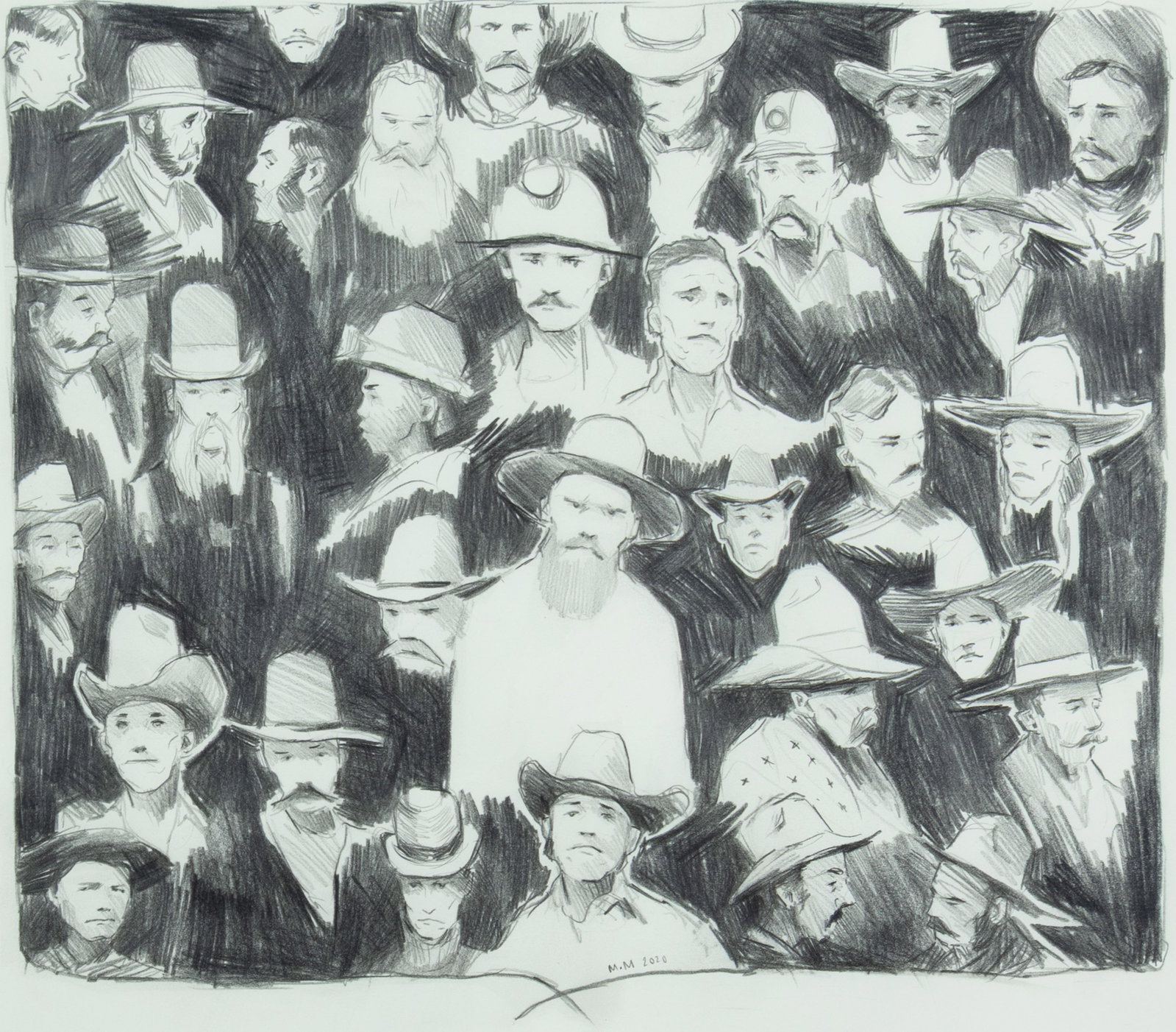 Mark Maggiori, Faces of the Old West, 2020: Mark Maggiori b.1977 Faces of the Old West, 2020 graphite on paper signed and dated lower center: M.M 2020 13 1/4 x 14 3/4 in., Frame: 20 3/4 x 22 1/4 x 1 in. Provenance: From a Private Collection