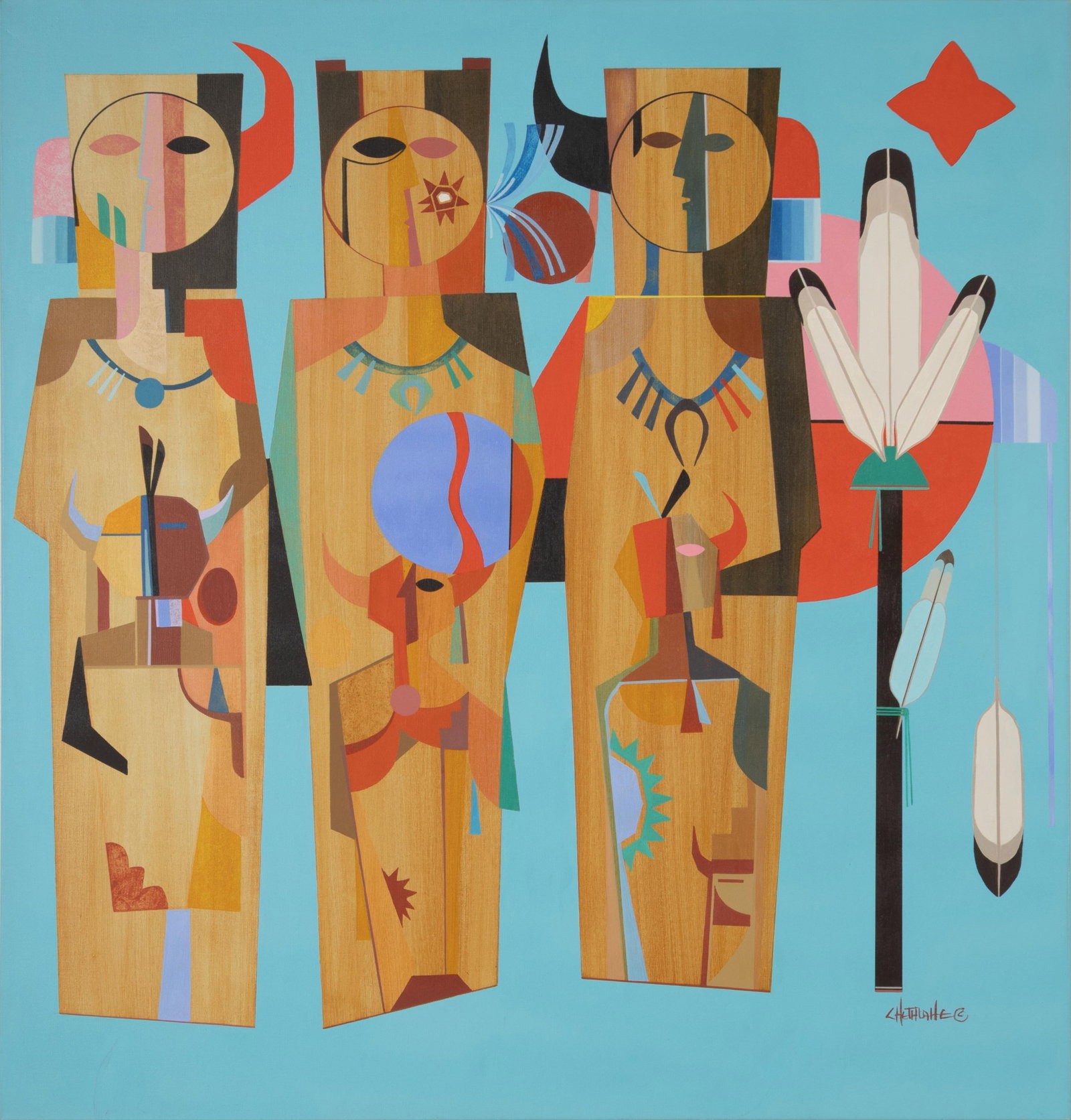 David Chethlahe Paladin, Emergence of the Female Gods: David Chethlahe Paladin Diné, 1926-1984 Emergence of the Female Gods acrylic on canvas signed lower right: CHETHLAHE © verso: titled 42 x 40 in. Provenance: From a Private Collection
