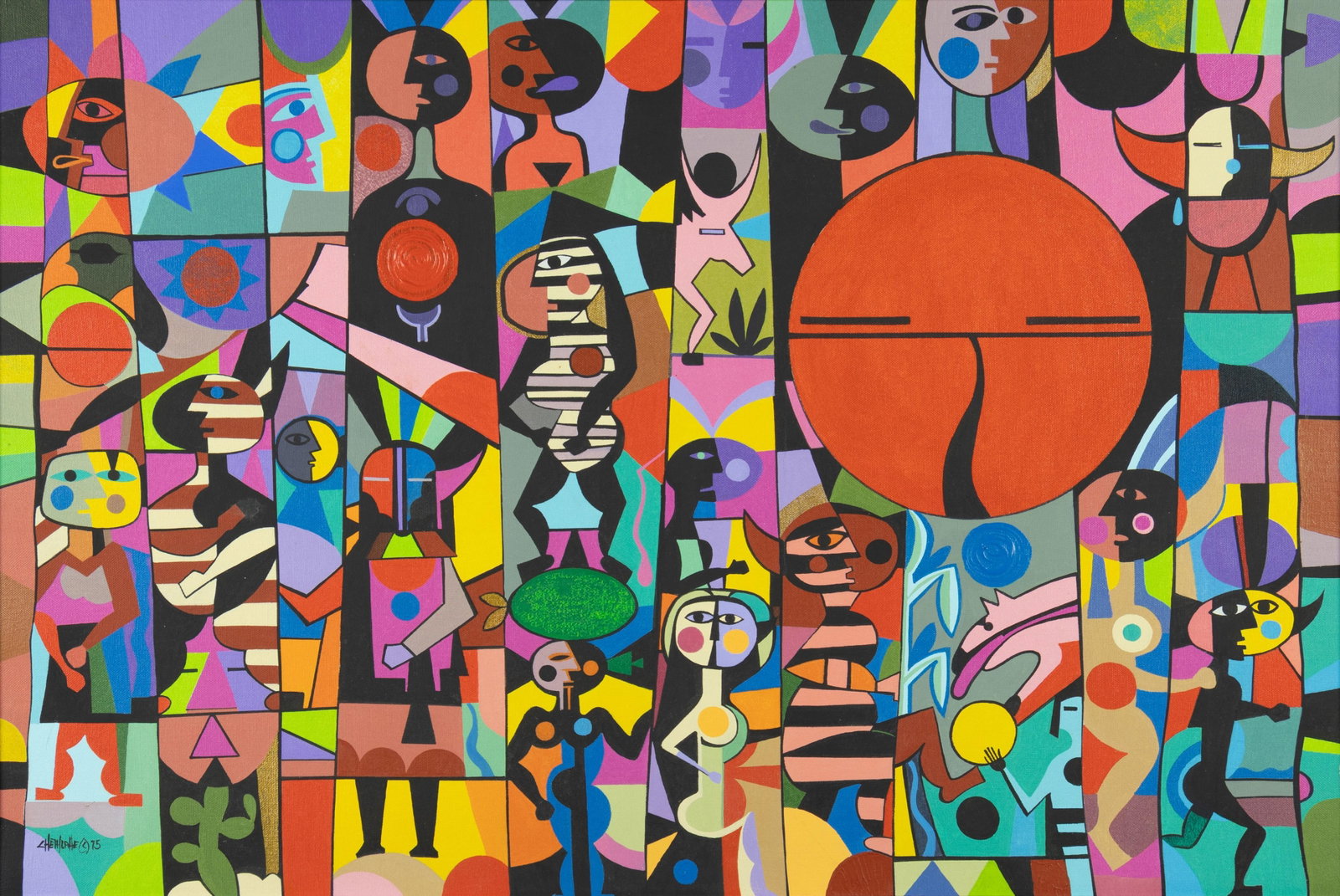 David Chethlahe Paladin, Red Sun Conversational, 1975: David Chethlahe Paladin Diné, 1926-1984 Red Sun Conversational, 1975 acrylic on canvas signed and dated lower left: CHETHLAHE © 75 24 x 36 in., Frame: 25 x 37 x 1 1/4 in. Provenance: From a