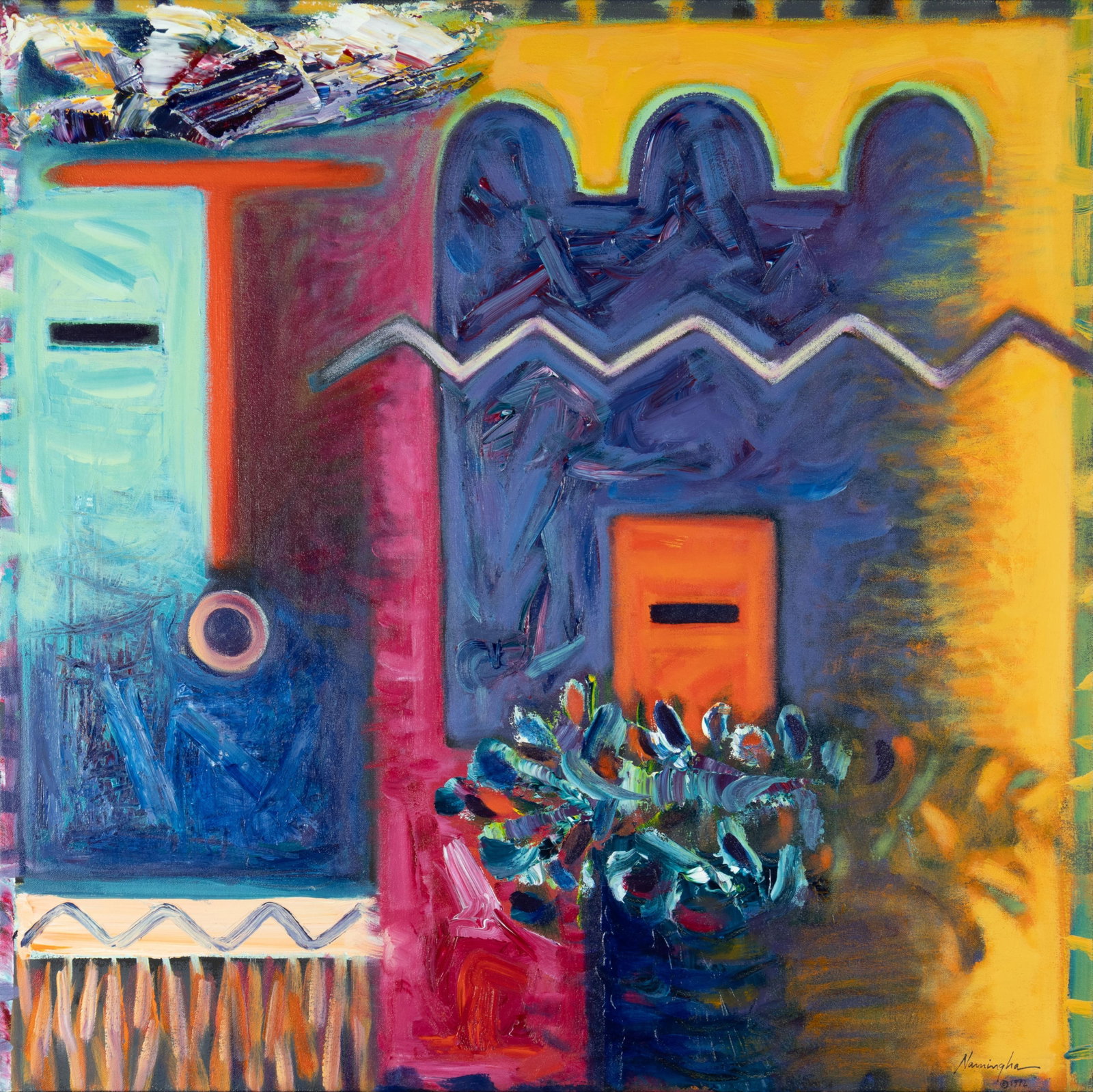 Dan Namingha, Ceremonial Symbols #1, 1992: Dan Namingha Hopi-Tewa, b.1950 Ceremonial Symbols #1, 1992 acrylic on canvas signed and dated lower right: Namingha © 1992 verso: titled, dated and signed 30 x 30 x 1 1/2 in. Provenance: