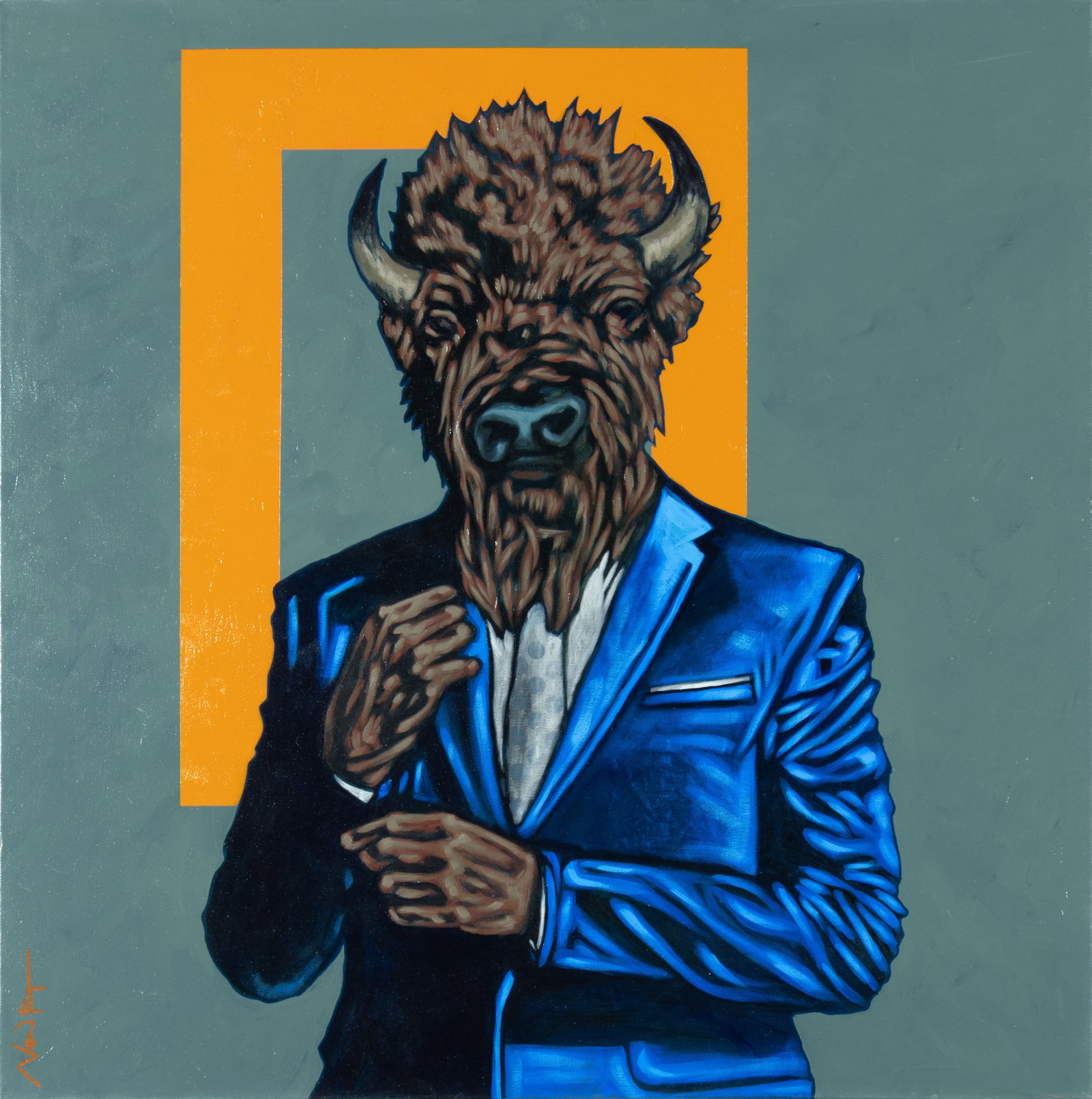 Nocona Burgess, American Minotaur: The Chairman, 2024: Nocona Burgess Comanche, b.1969 American Minotaur: The Chairman, 2024 acrylic on canvas signed lower left: Nocona Burgess verso: titled, signed and dated 30 x 30 in. Provenance: From the Artist