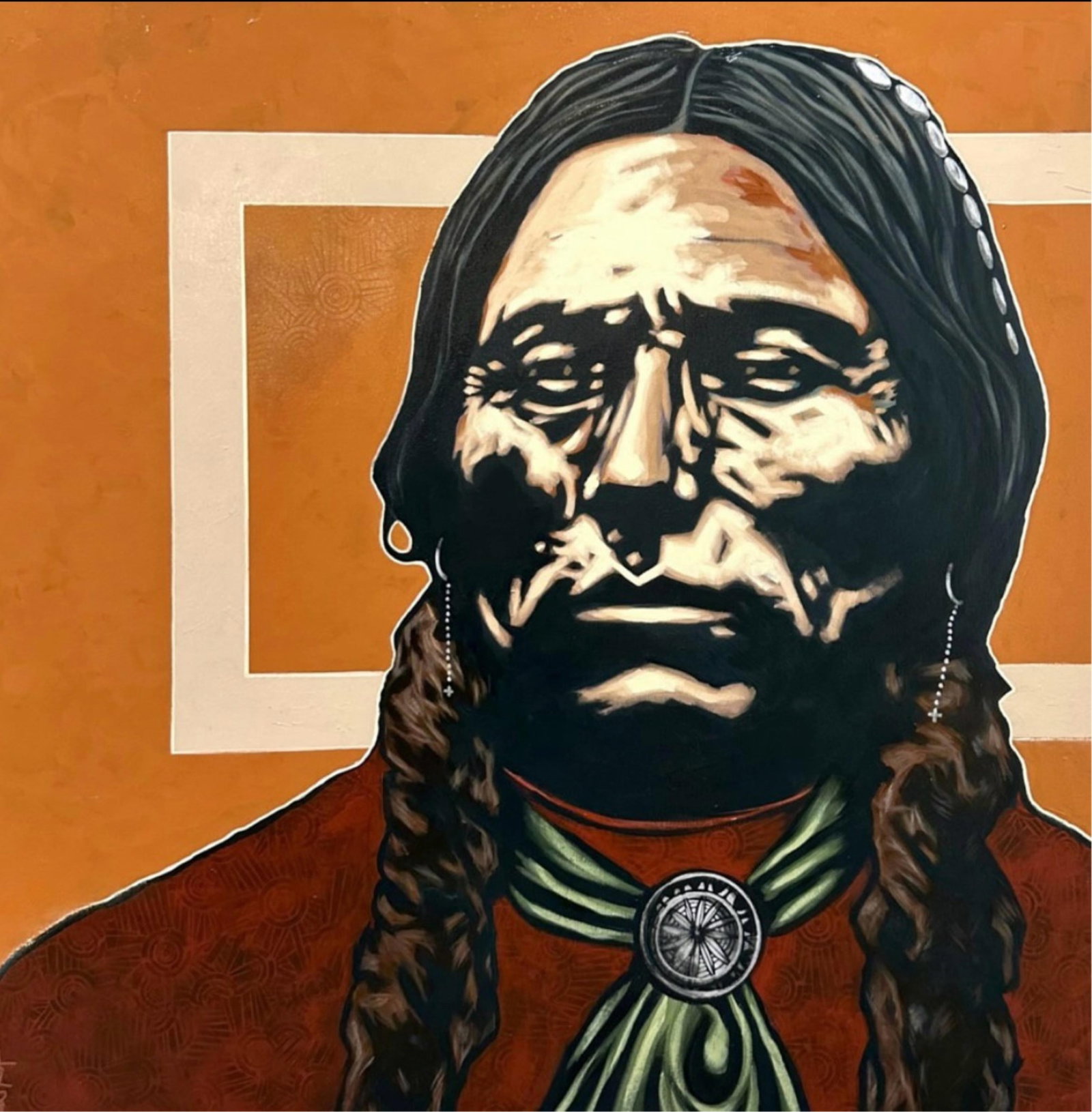 Nocona Burgess, Quanah in Trade Silver, 2023: Nocona Burgess Comanche, b.1969 Quanah in Trade Silver, 2023 acrylic on canvas signed lower left: Nocona Burgess verso: titled, dated and signed 36 x 36 in. Provenance: From the Artist
