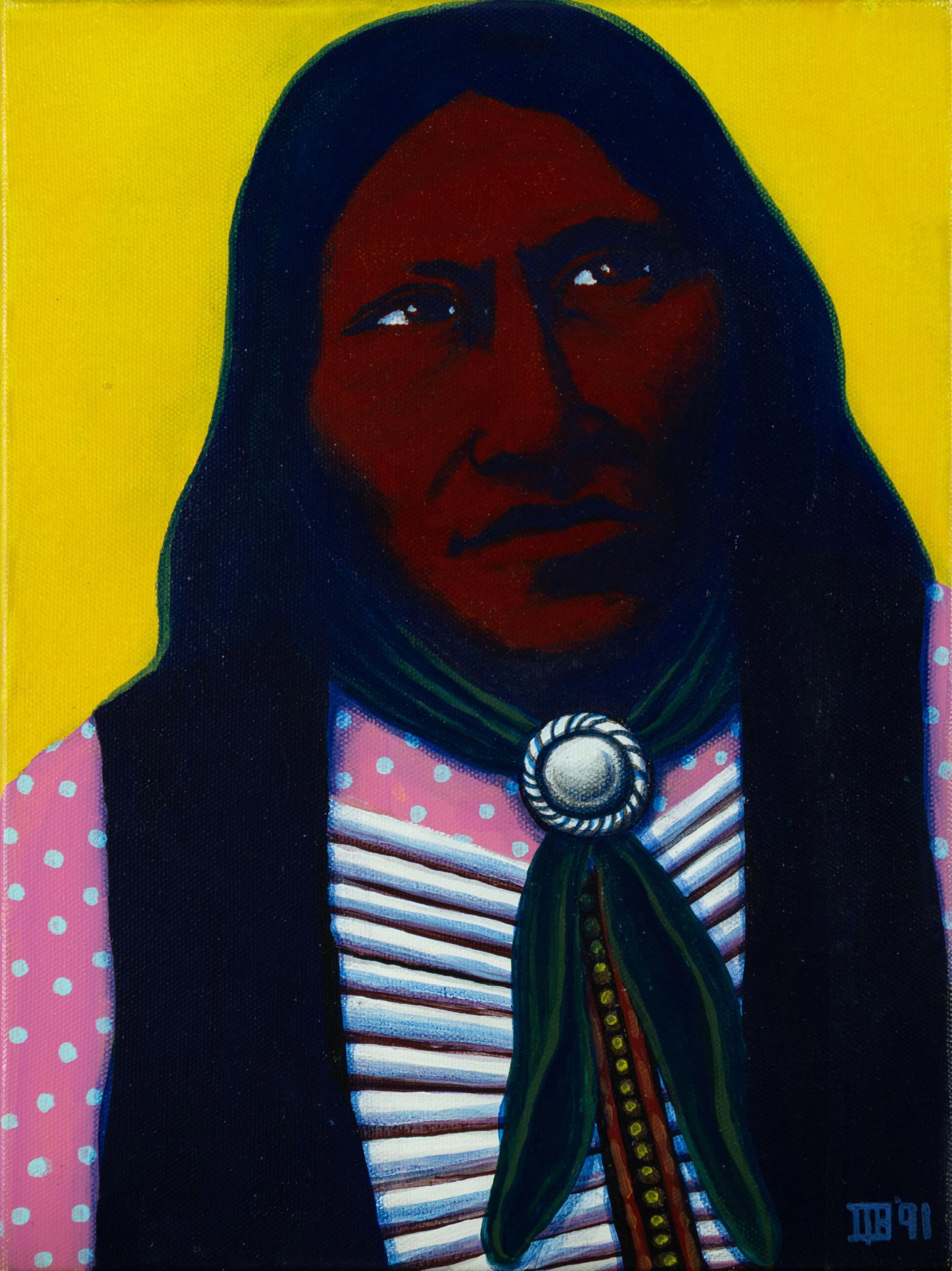 David Bradley, Kicking Bear, 1991: David Bradley Chippewa, b.1979 Kicking Bear, 1991 oil on canvas signed and dated lower right: DB '91 12 x 9 x 1 3/8 in. Provenance: The Georgia and Charles Loloma Collection Santa Fe Art Auction,