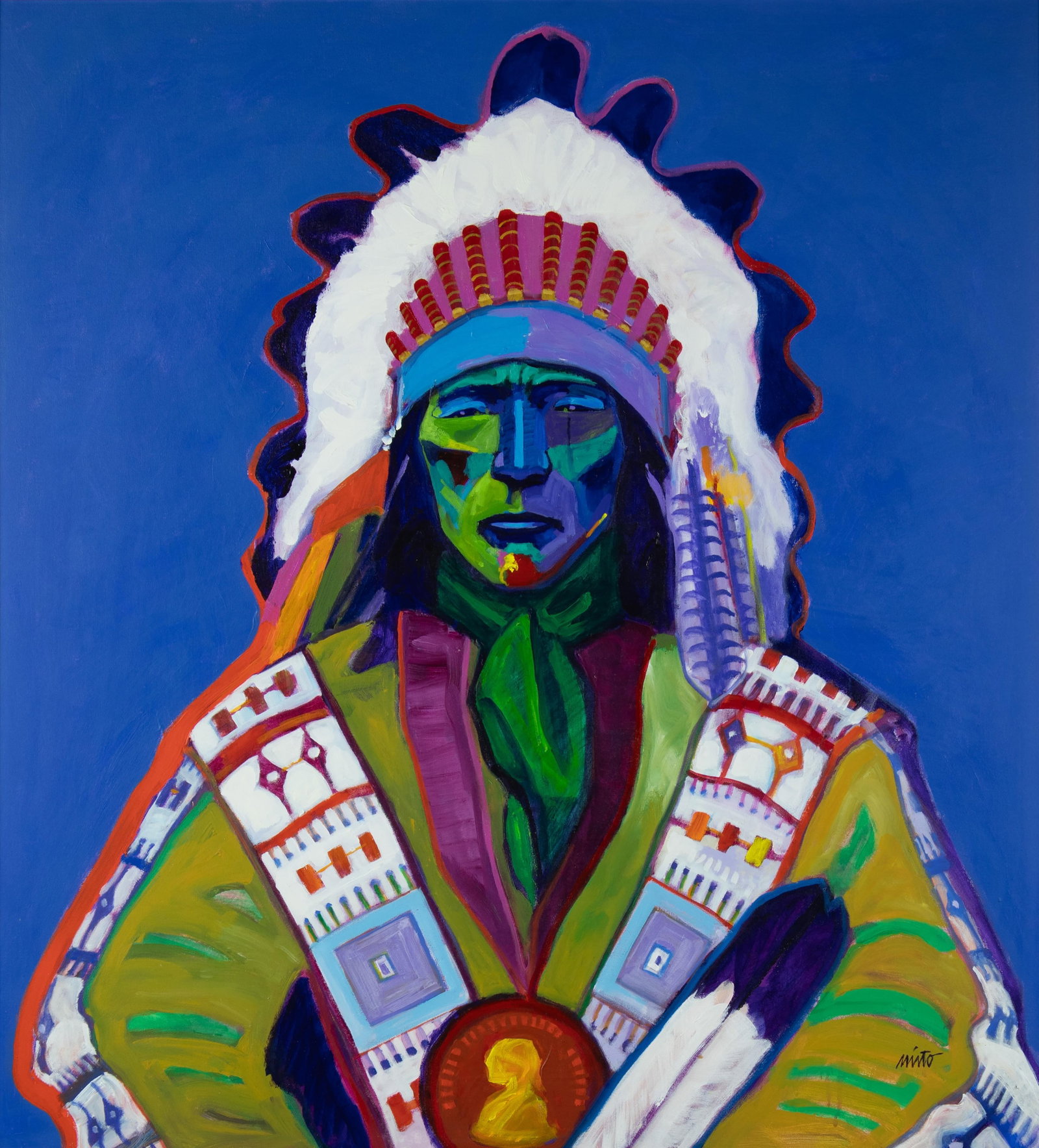 John Nieto, Sioux with Presidential Medal, 2005: John Nieto 1936-2018 Sioux with Presidential Medal, 2005 acrylic on canvas signed lower right: nieto verso: titled, signed and dated 44 x 40 in., Frame: 45 3/4 x 41 1/2 x 1 3/4 in. Provenance: From a