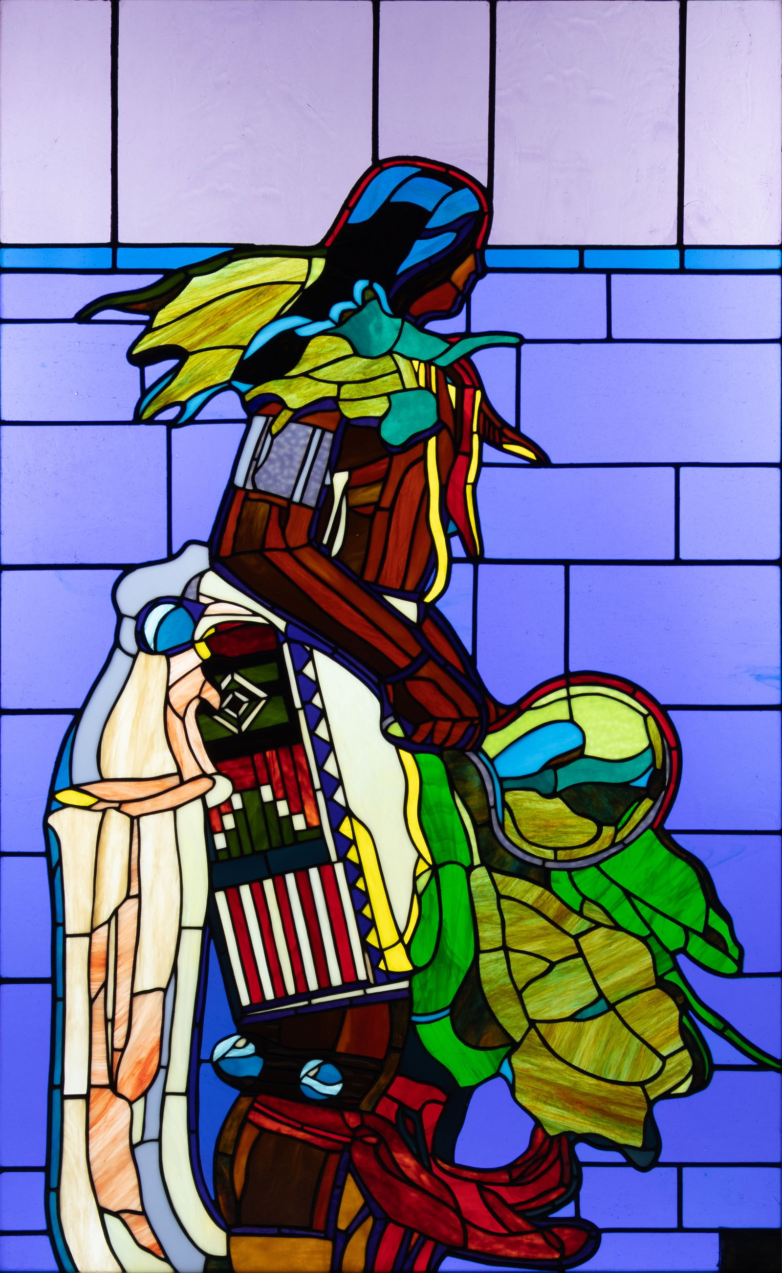 John Nieto, Corn Dancer: John Nieto 1936-2018 Corn Dancer stained glass inscribed lower right: nieto estate signature verso: nieto estate signature 59 1/4 x 35 1/4 in.; With Frame: 69 1/4 x 45 1/4 x 1 3/4 in.; With Base: 73