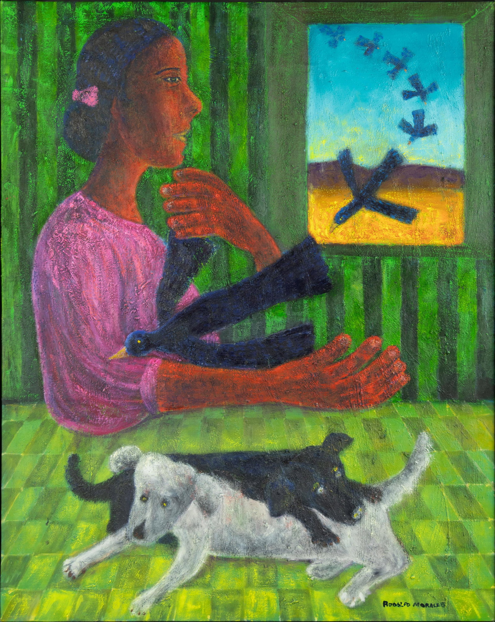 Rodolfo Morales, Untitled, 1997: Rodolfo Morales Mexican, 1925-2001 Untitled, 1997 oil on canvas signed lower right: Rodolfo Morales 39 1/8 x 31 1/8 in., Frame: 40 1/2 x 32 1/2 x 1 1/2 in. Provenance: Arte de Oaxaca, Oaxaca de