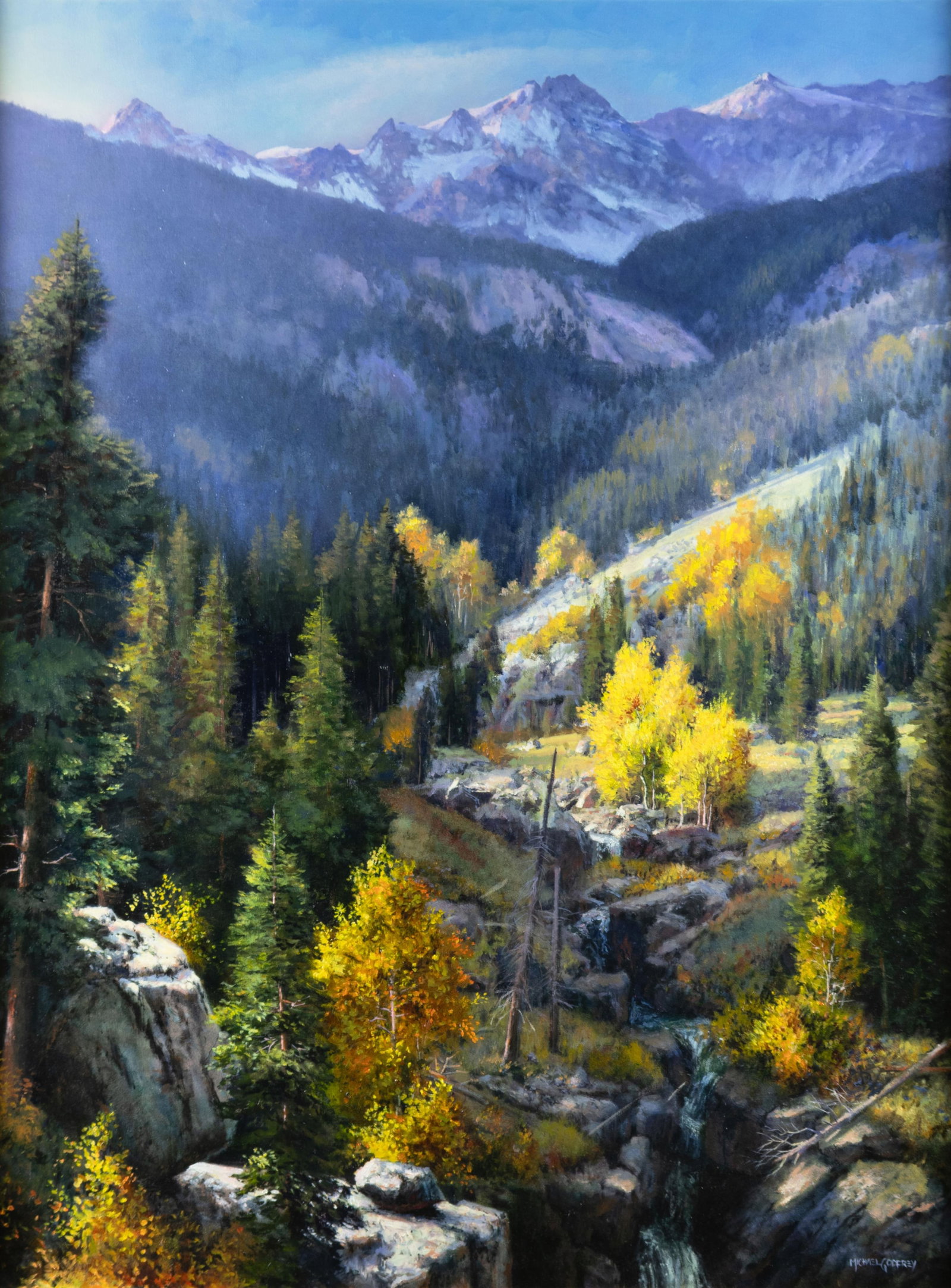 Michael Godfrey, Gold in the Highlands - Salute to Summer: Michael Godfrey b.1958 Gold in the Highlands - Salute to Summer oil on canvas signed lower right: Michael Godfrey 48 x 36 in., Frame: 57 x 45 x 2 1/4 in. Provenance: Private Collection, Jackson, WY