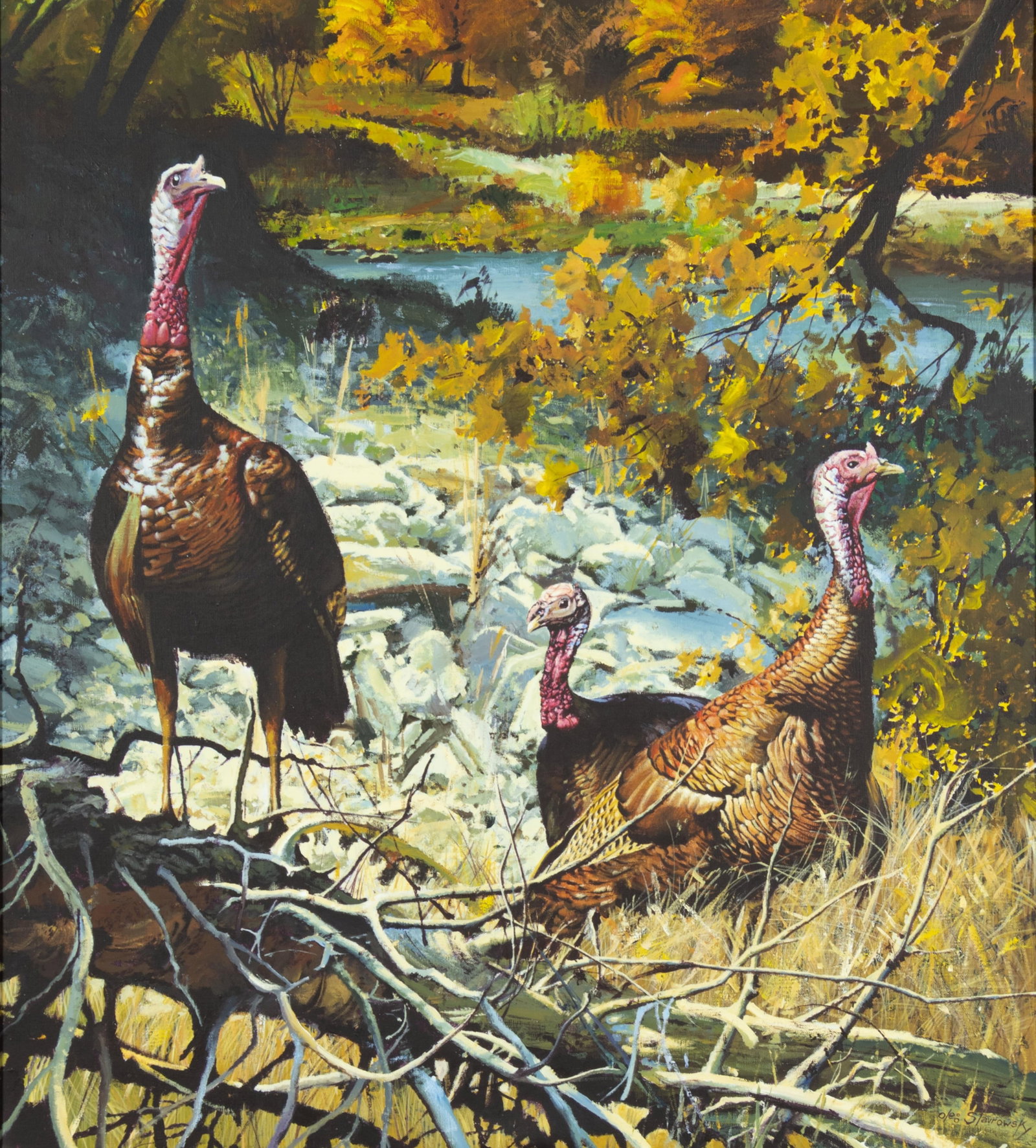 Oleg Stavrowsky, Gobblers Three: Oleg Stavrowsky 1927-2020 Gobblers Three oil on canvas signed lower right: Oleg Stavrowky verso: titled and signed 40 x 36 in., Frame: 46 3/4 x 43 x 3 3/4 in. Provenance: From a Private Collection