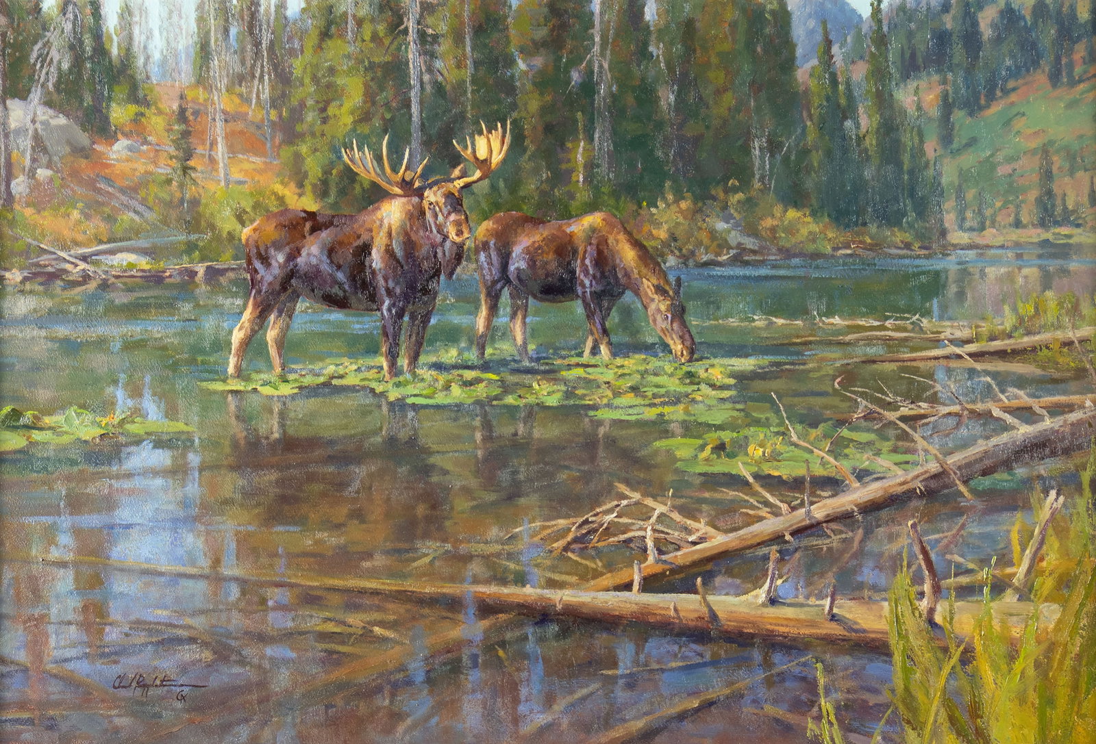 Chad Poppleton, String Lake Society: Chad Poppleton b.1976 String Lake Society oil on panel signed lower left: Chad Poppleton (Cowboy Artists of America cipher) verso: titled and signed 24 x 36 in., Frame: 33 3/8 x 44 1/4 x 1 7/8 in.