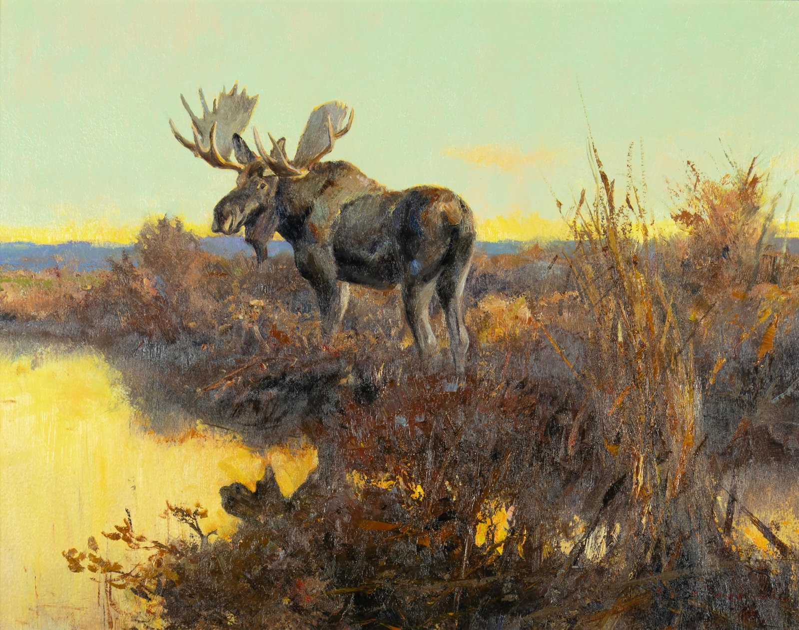 Luke Frazier, Moose on the Muskeg, 2021: Luke Frazier b.1970 Moose on the Muskeg, 2021 oil on panel signed and dated lower right: L Frazier © 21 verso: titled, signed and dated 14 x 18 in., Frame: 20 1/2 x 24 5/8 x 2 1/4 in.