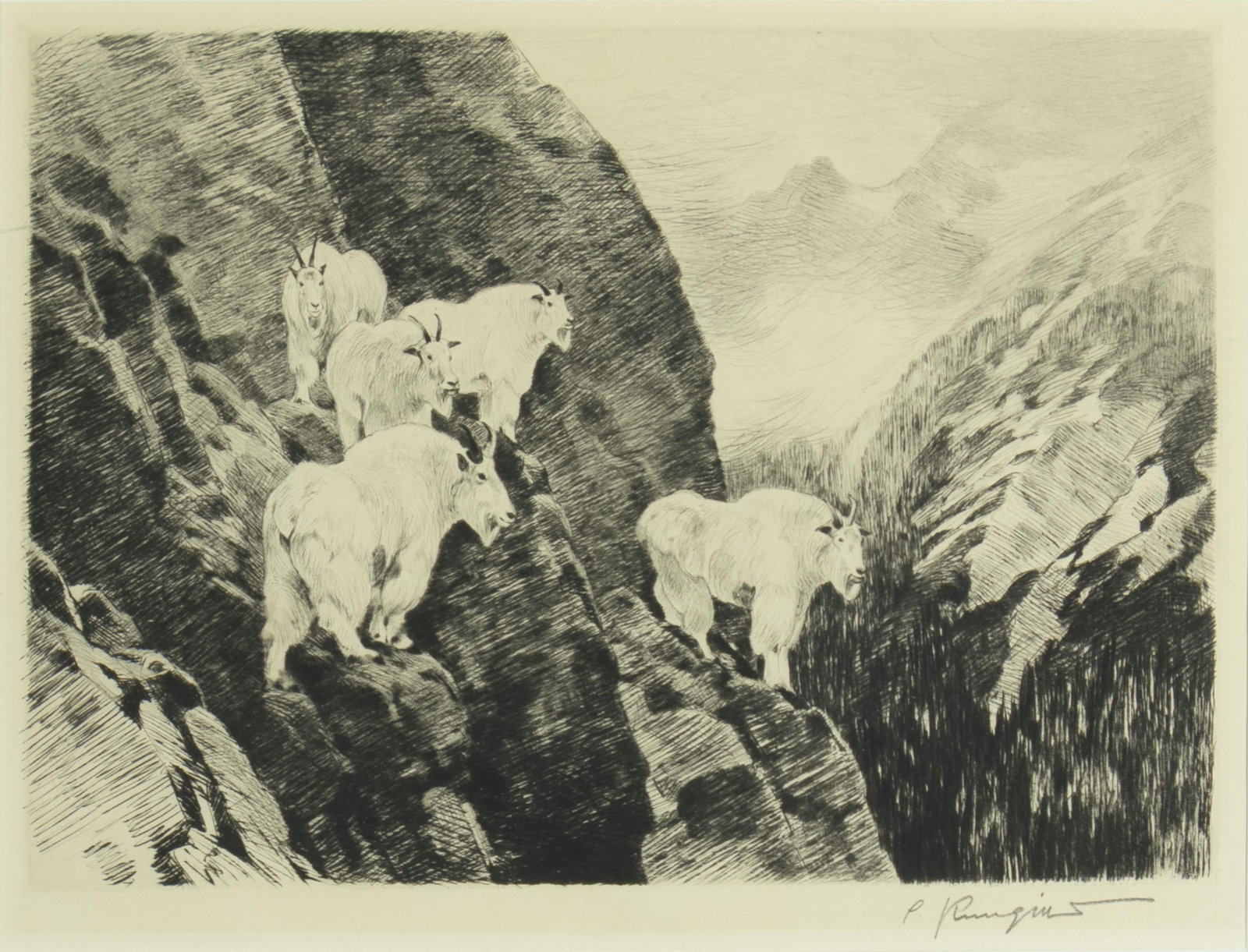 Carl Rungius, Goats, 1926: Carl Rungius 1869-1959 Goats, 1926 etching and drypoint on paper signed lower right: C. Rungius 7 7/8 x 10 7/8 in., Frame: 14 3/4 x 19 3/4 x 5/8 in. Provenance: From a Private Collection Literature:
