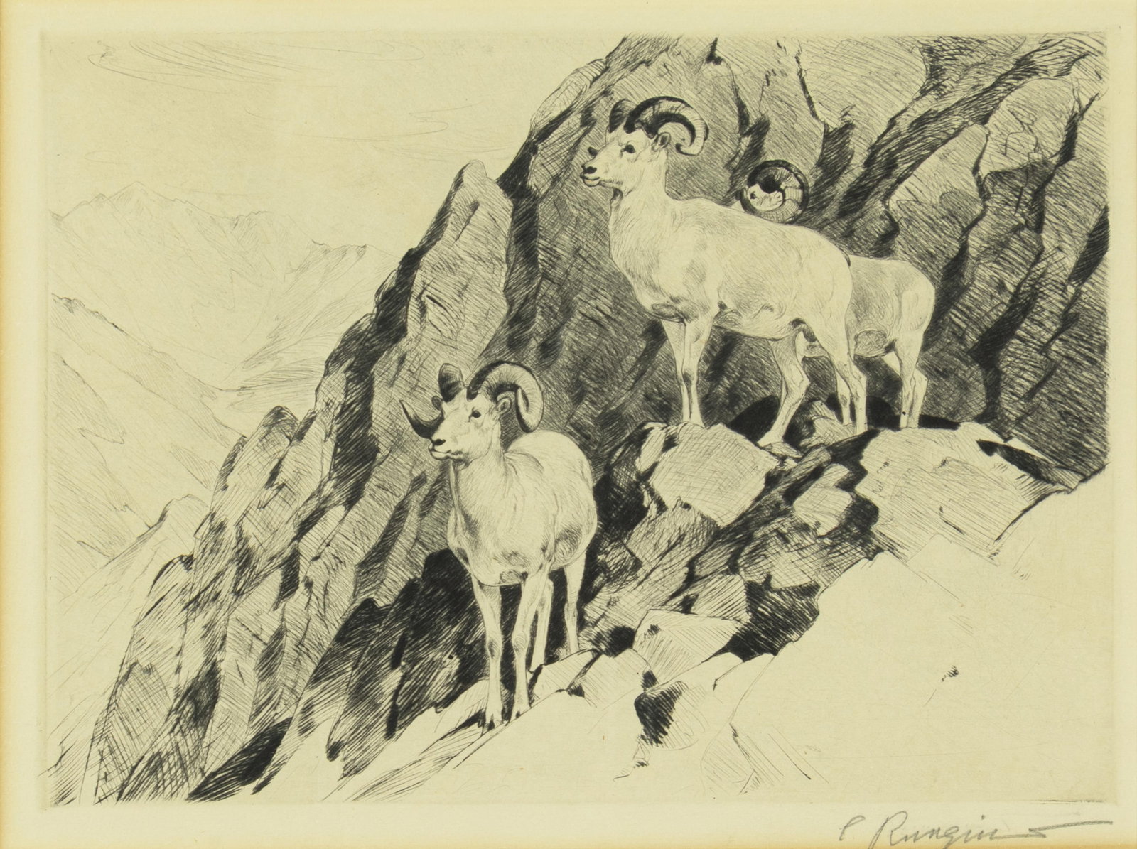 Carl Rungius, Dall Sheep, 1928: Carl Rungius 1869-1959 Dall Sheep, 1928 etching and drypoint on paper signed lower right: C Rungius 7 7/8 x 10 7/8 in., Frame: 15 x 17 3/8 x 1 in. Provenance: From a Private Collection Literature: