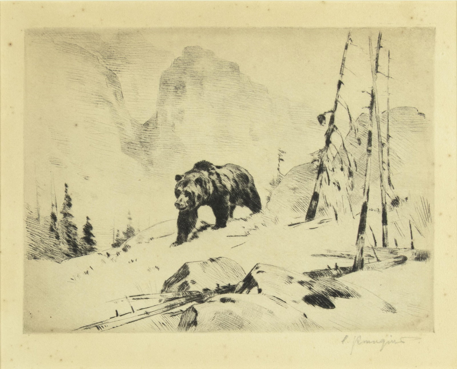 Carl Rungius, Lord of the Canyon, 1925: Carl Rungius 1869-1959 Lord of the Canyon, 1925 etching and drypoint on paper signed lower right: C. Rungius. 7 1/4 x 9 1/4 in., Frame: 13 1/2 x 15 1/8 x 1 in. Provenance: From a Private Collection