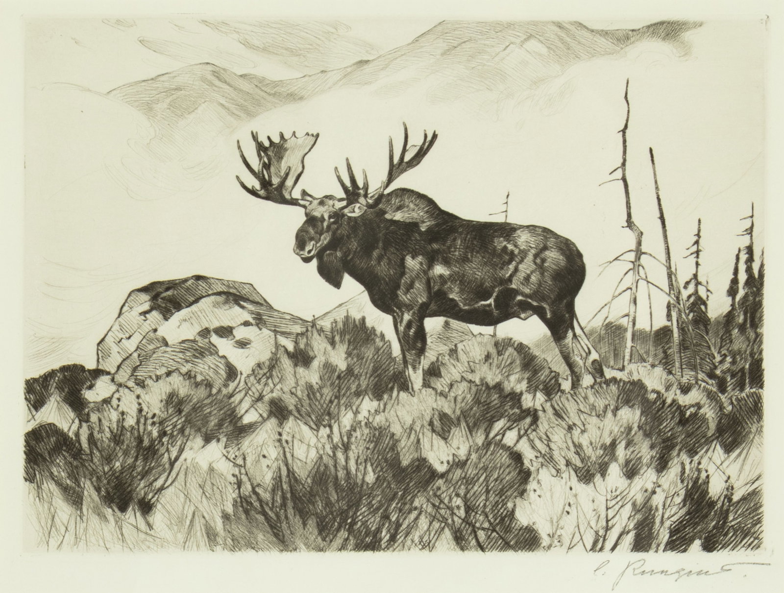 Carl Rungius, The Wanderer, 1935: Carl Rungius 1869-1959 The Wanderer, 1935 etching and drypoint on paper signed lower right: C. Rungius. 8 3/4 x 11 1/2 in., Frame: 17 1/2 x 19 7/8 x 1 1/8 in. Provenance: From a Private Collection