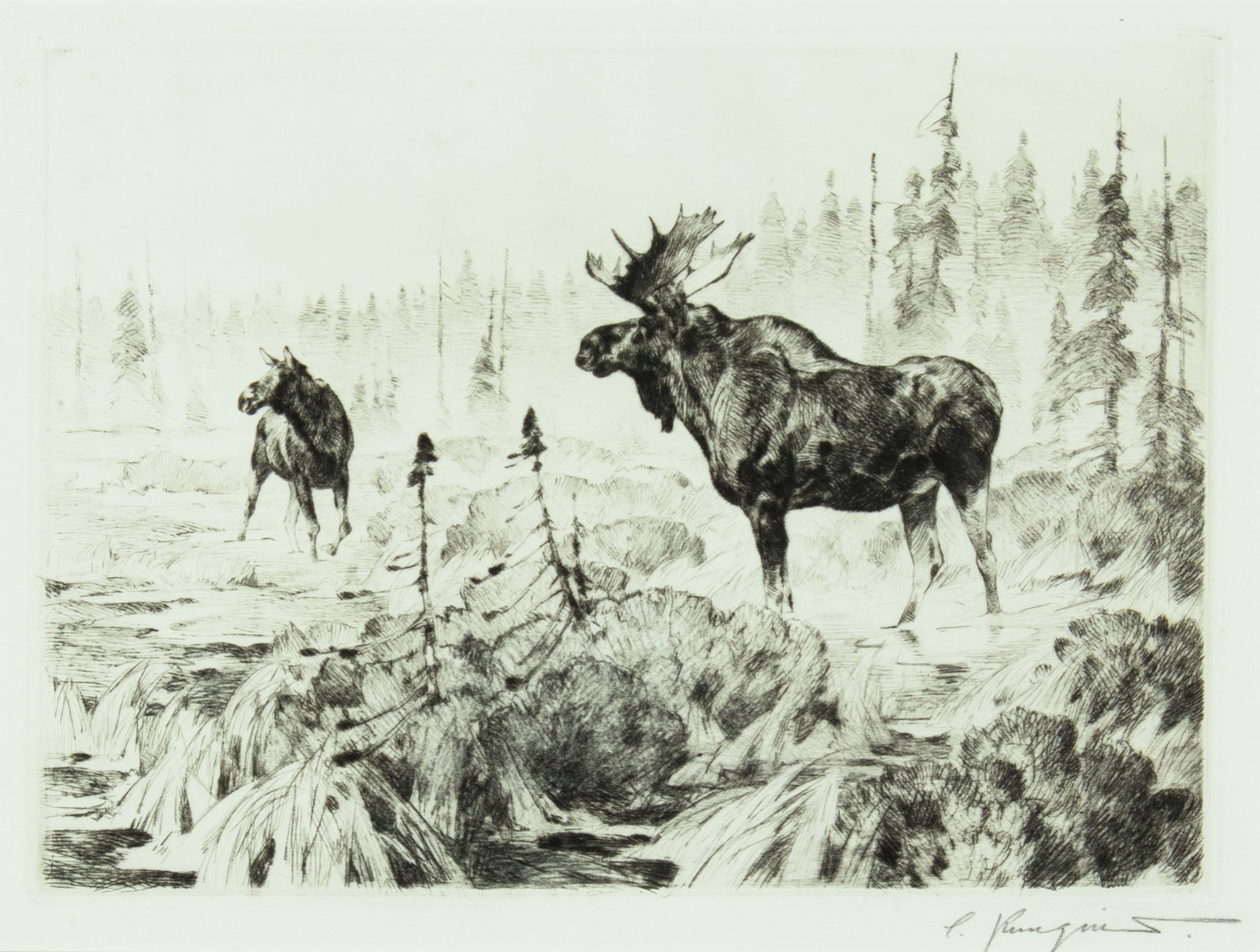 Carl Rungius, Near Long Lake, 1926: Carl Rungius 1869-1959 Near Long Lake, 1926 etching and drypoint on paper signed lower right: C. Rungius. 8 3/4 x 11 3/4 in., Frame: 16 3/4 x 19 3/4 x 1 1/2 in. Provenance: From a Private Collection