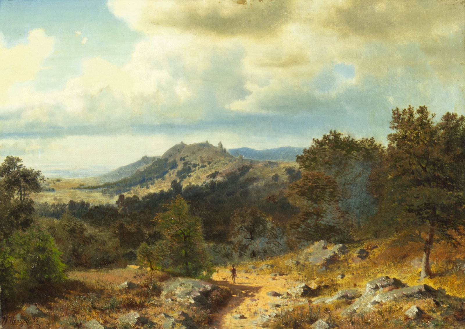 Hermann Herzog, Landscape with Hunter, 1855: Hermann Herzog 1831-1932 Landscape with Hunter, 1855 oil on canvas signed and dated lower left: H. Herzog. 55 14 1/4 x 20 in., Frame: 26 x 32 x 4 in. Provenance: From a Private Collection