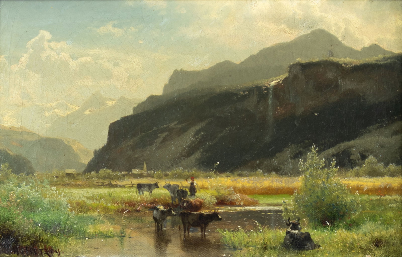 Hermann Herzog, Pastoral Landscape: Hermann Herzog 1831-1932 Pastoral Landscape oil on canvas signed lower left: H. Herzog. 8 x 12 in., Frame: 16 1/8 x 20 1/2 x 2 7/8 in. Provenance: From a Private Collection