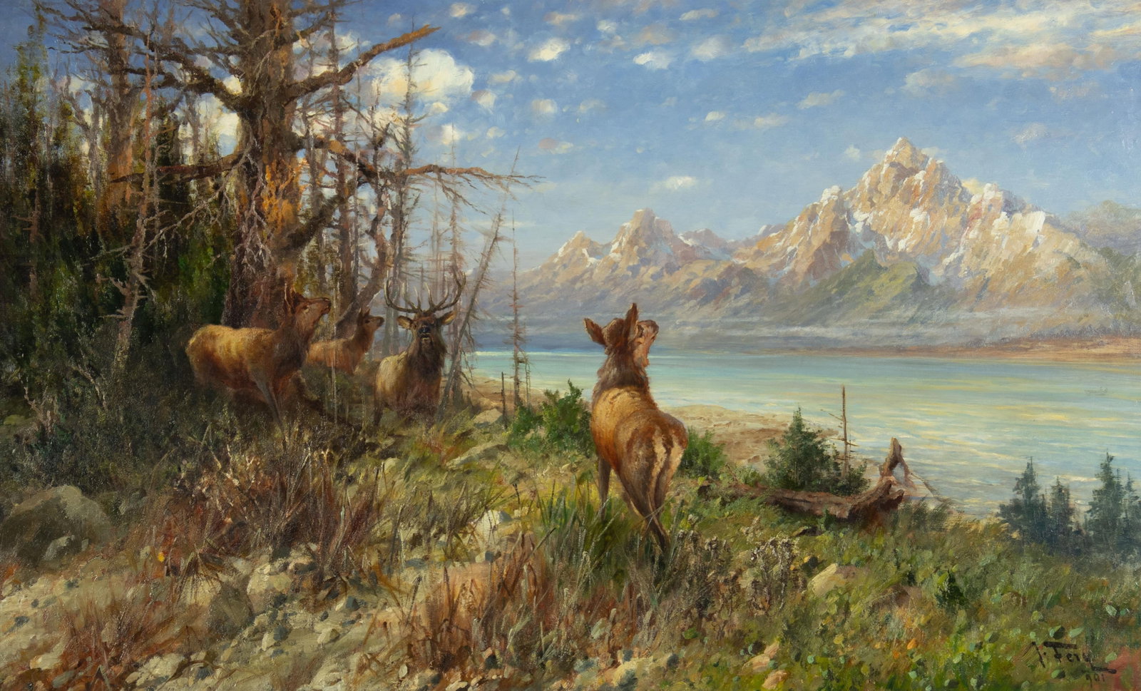 John Fery, Elk on Jackson Lake, 1901: John Fery 1859-1934 Elk on Jackson Lake, 1901 oil on canvas signed and dated lower right: J. Fery 1901 22 x 36 in., Frame: 28 1/4 x 42 3/8 x 3 1/4 in. Provenance: Turner Art Gallery, Inc., Denver, CO