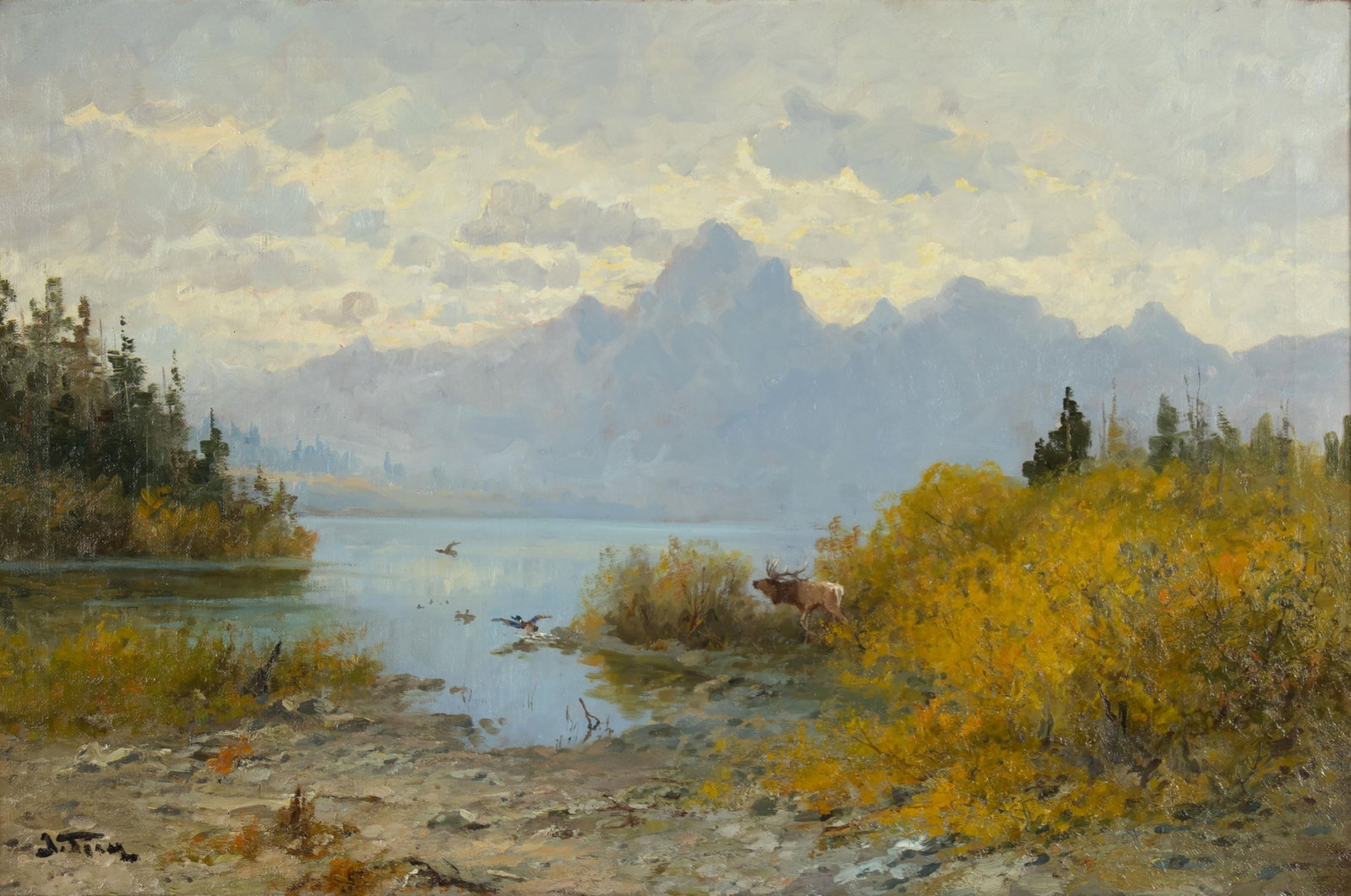 John Fery, Outlet of Jackson Lake (Wyo) Teton Mountains: John Fery 1859-1934 Outlet of Jackson Lake (Wyo) Teton Mountains oil on canvas signed lower left: J. Fery verso: titled 24 x 36 in., Frame: 32 x 44 x 3 in. Provenance: Private Collection, Jackson, WY