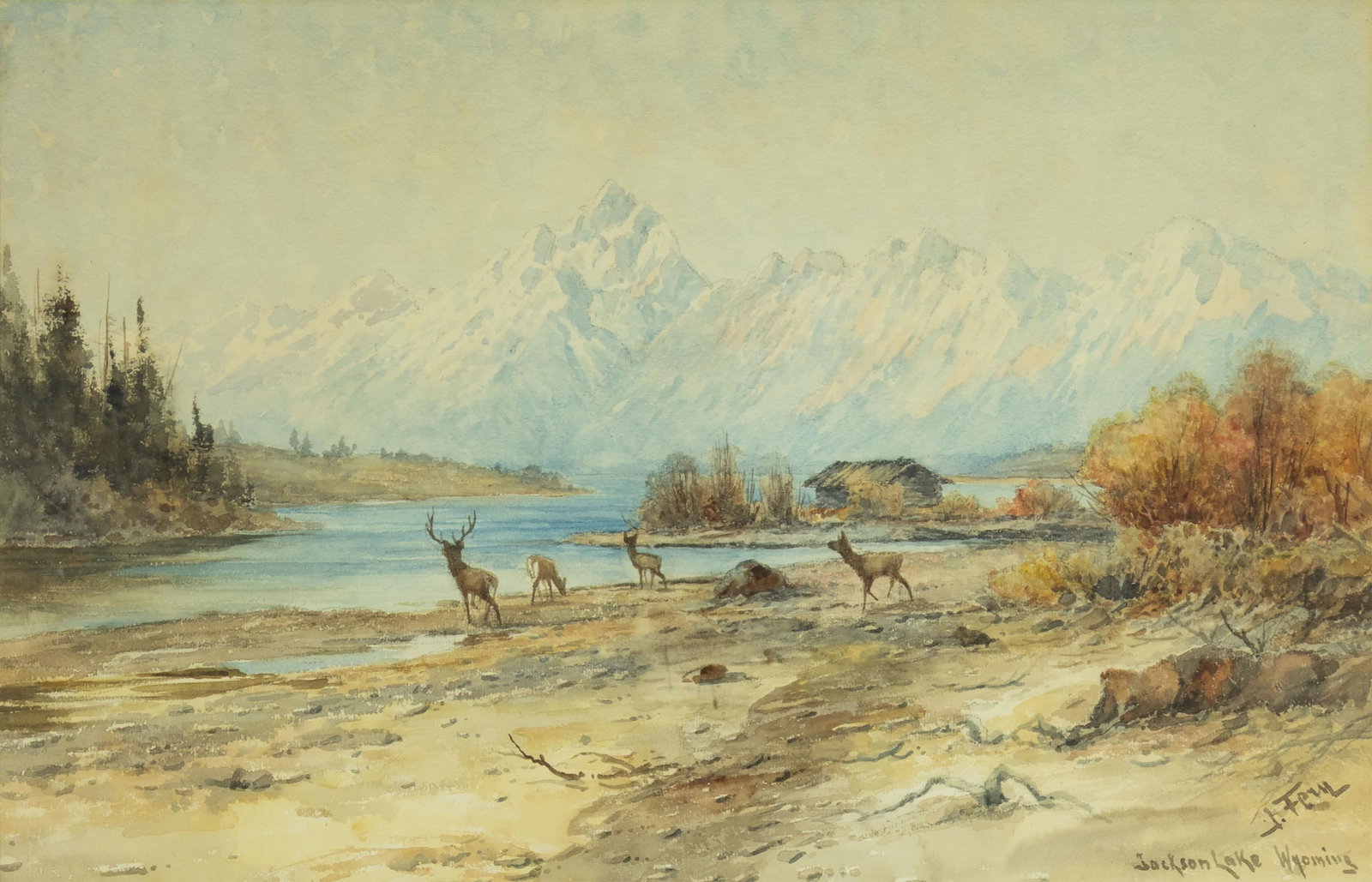 John Fery, Jackson Lake, Wyoming: John Fery 1859-1934 Jackson Lake, Wyoming watercolor on paper signed lower right: J. Fery 15 x 23 in., Frame: 25 3/8 x 32 3/4 x 1 1/2 in. Provenance: Private Collection, Jackson, WY Literature: Larry