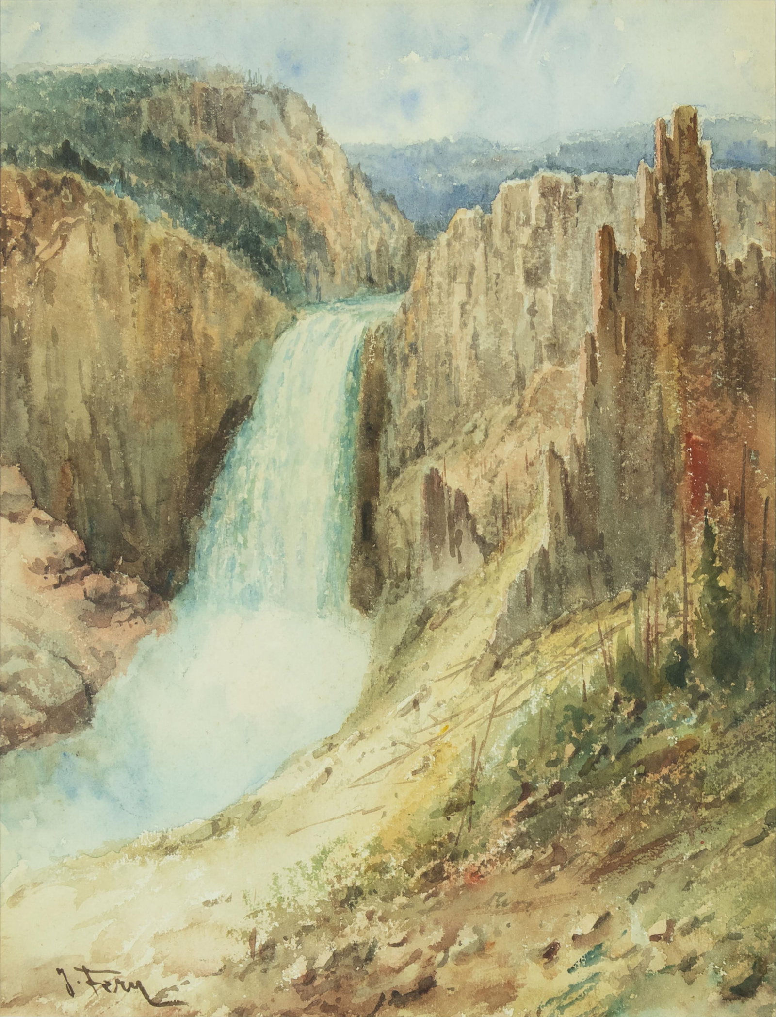 John Fery, Yellowstone Falls: John Fery 1859-1934 Yellowstone Falls watercolor on paper signed lower left: J. Fery 16 x 12 in., Frame: 26 3/4 x 22 3/4 x 1 1/2 in. Provenance: Private Collection, Jackson, WY John Fery’s