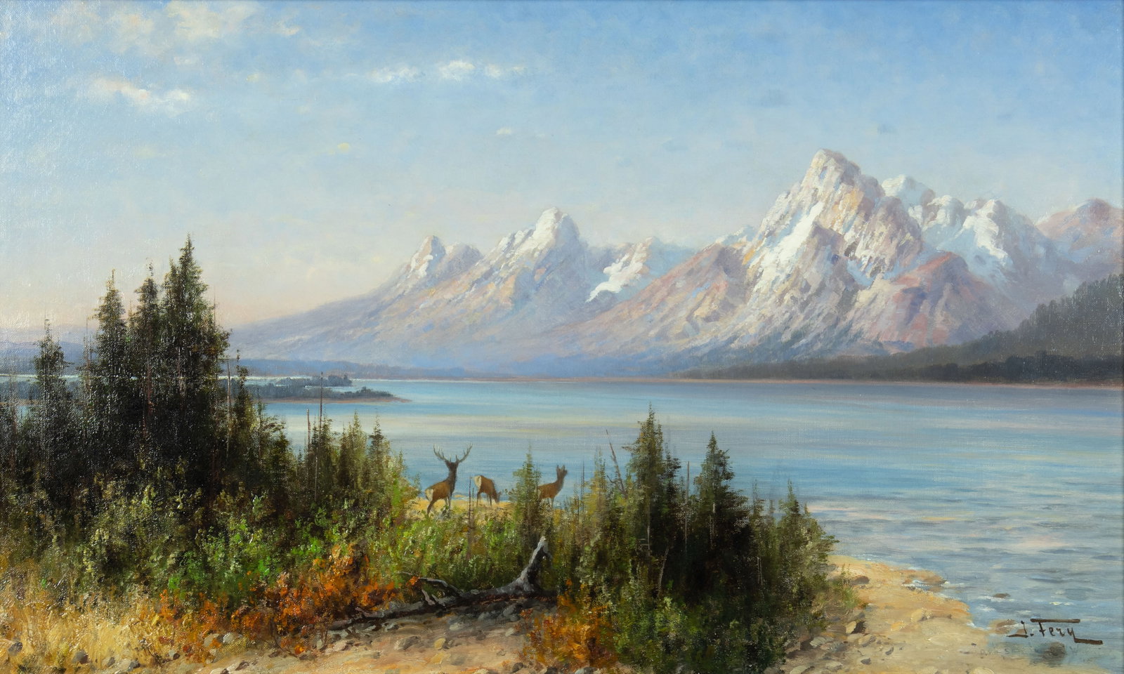John Fery, Jackson Lake and Tetons: John Fery 1859-1934 Jackson Lake and Tetons oil on canvas signed lower right: J. Fery 18 x 30 in., Frame: 20 1/2 x 32 1/2 x 2 1/4 in. Provenance: Private Collection, Jackson, WY John Fery’s