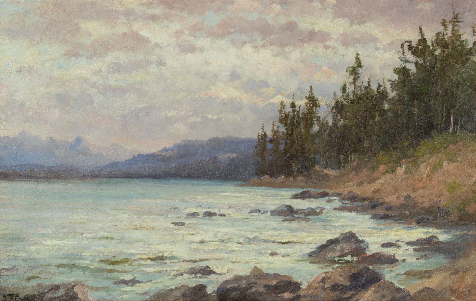 John Fery, Yellowstone Lake: John Fery 1859-1934 Yellowstone Lake oil on board signed lower left: J. Fery verso: titled and signed 13 1/2 x 21 1/2 in., Frame: 15 3/4 x 23 3/4 x 1 in. Provenance: W. M. McConahay, Jeweler and Art