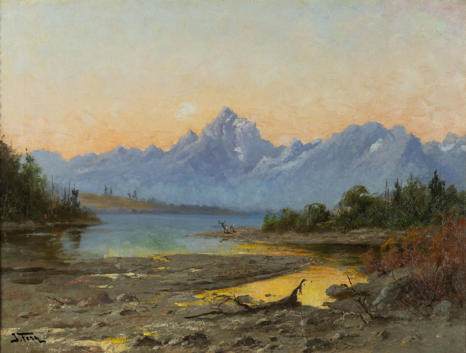 John Fery, Outlet of Jackson Lake with Teton Mountains, Wyoming: John Fery 1859-1934 Outlet of Jackson Lake with Teton Mountains, Wyoming oil on canvas signed lower left: J. Fery verso: titled 24 1/2 x 32 in., Frame: 37 1/4 x 45 1/8 x 5 1/2 in. Provenance: Private