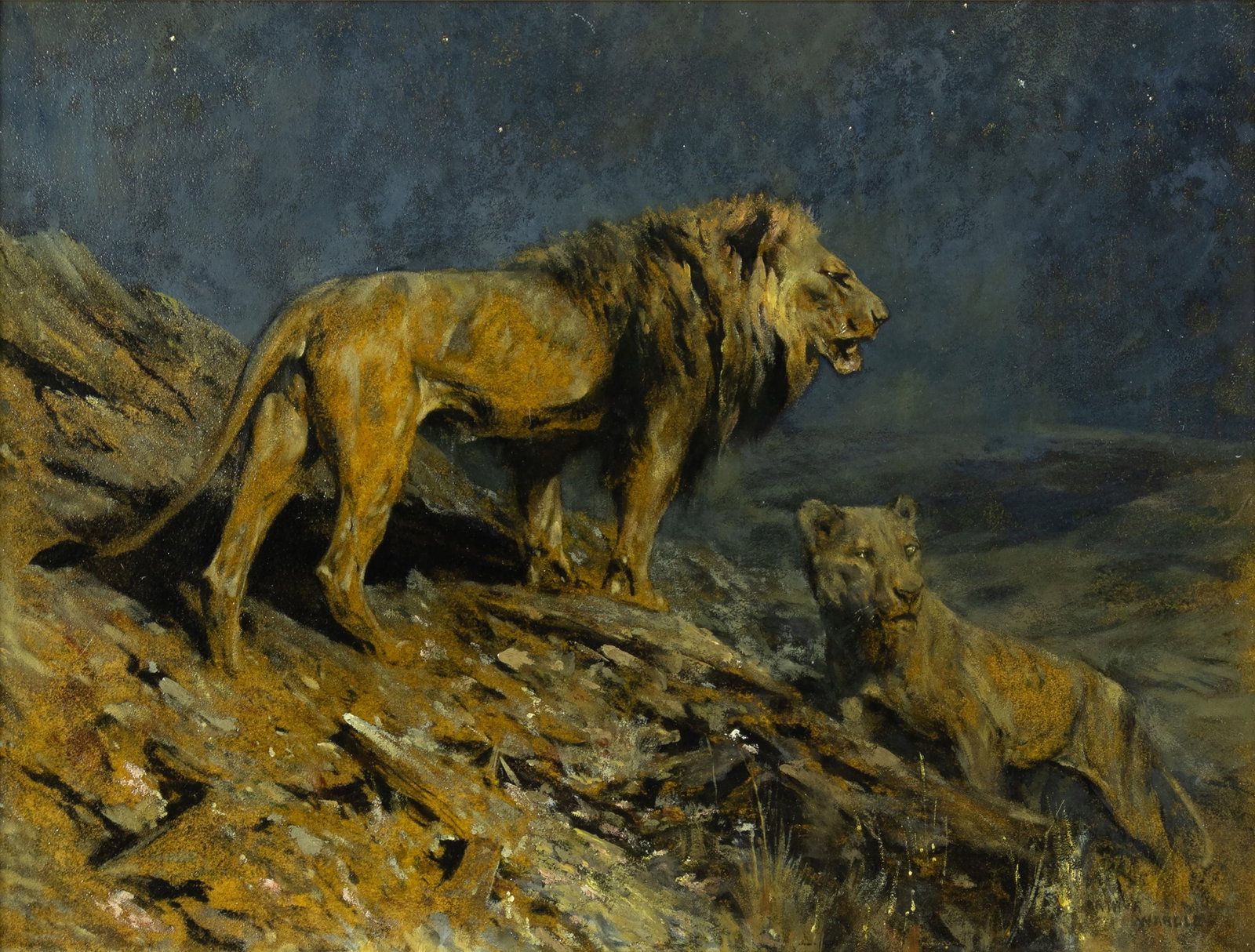 Arthur Wardle, Lions at Midnight: Arthur Wardle 1864-1949 Lions at Midnight oil on board signed lower right: ARTHUR WARDLE 15 x 20 in., Frame: 20 7/8 x 25 7/8 x 1 3/8 in. Provenance: Bonhams Chester, United Kingdom, March 2013, Lot