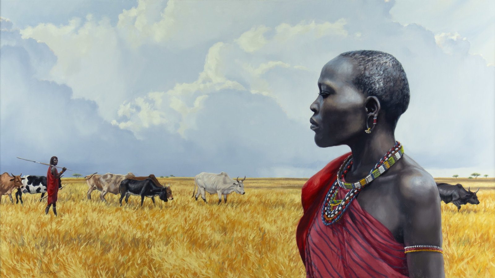 Lindsay Scott, Maasai Women on the Savanna: Lindsay Scott Zimbabwe, b.1955 Maasai Women on the Savanna oil on canvas signed lower left: LINDSAY B SCOTT 30 x 50 in., Frame: 37 1/2 x 59 1/4 x 2 3/4 in. Provenance: From a Private Collection