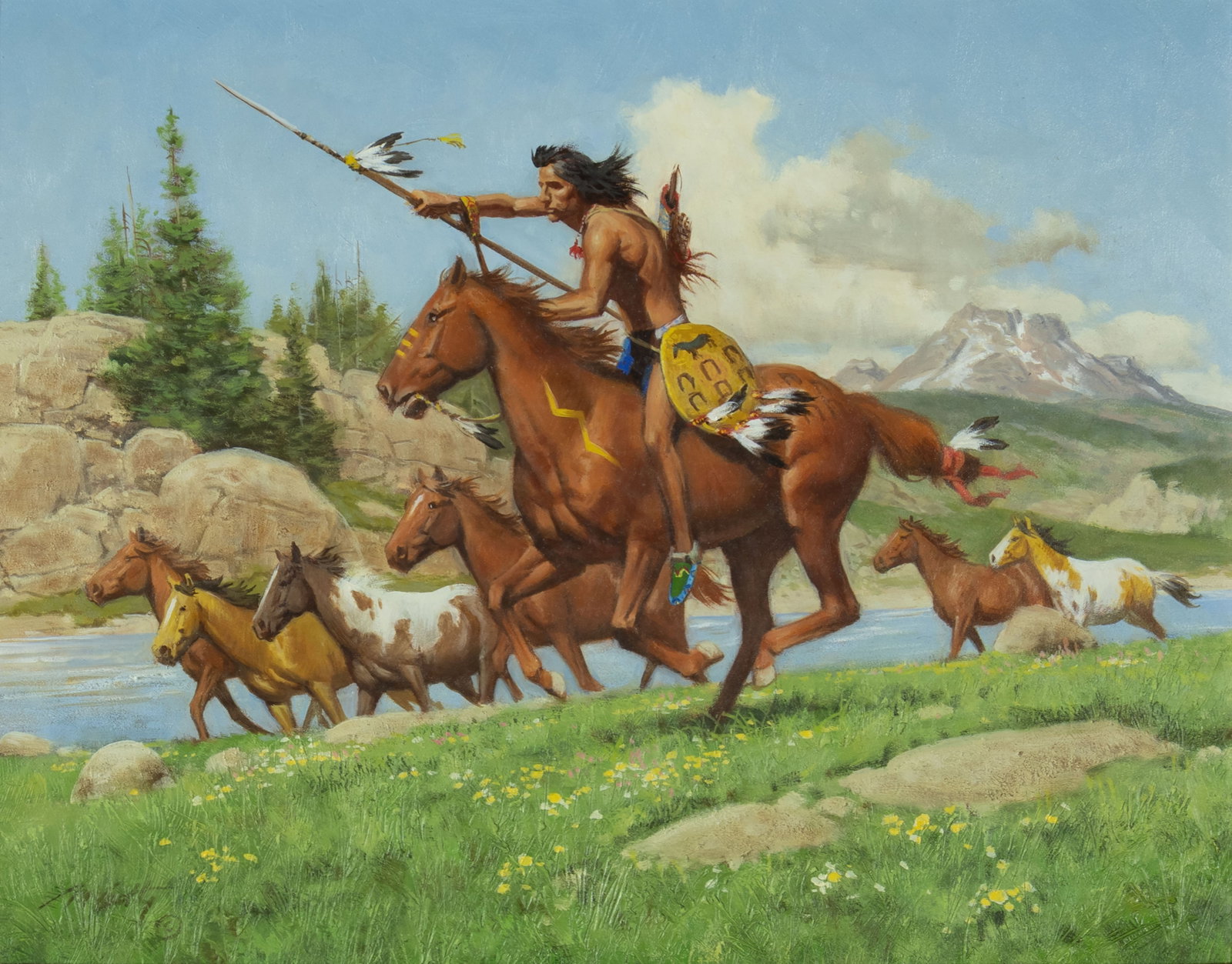 Frank C. McCarthy, Warriors Return #1: Frank C. McCarthy 1924-2002 Warriors Return #1 oil on panel signed lower left: McCarthy © verso: titled and signed 11 x 14 in., Frame: 18 1/8 x 21 1/8 x 2 3/4 in. Provenance: Private Collection,
