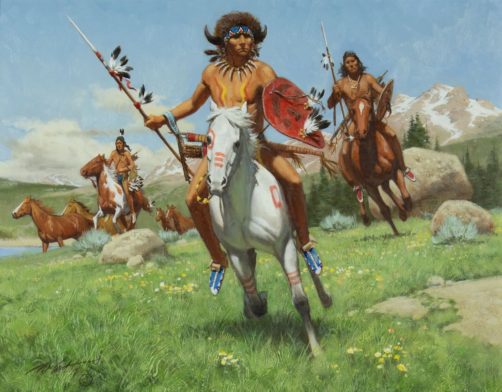 Frank C. McCarthy, Warriors Return #2: Frank C. McCarthy 1924-2002 Warriors Return #2 oil on panel signed lower left: McCarthy © verso: titled and signed 11 x 14 in., Frame: 18 1/8 x 21 1/8 x 2 3/4 in. Provenance: Private Collection,