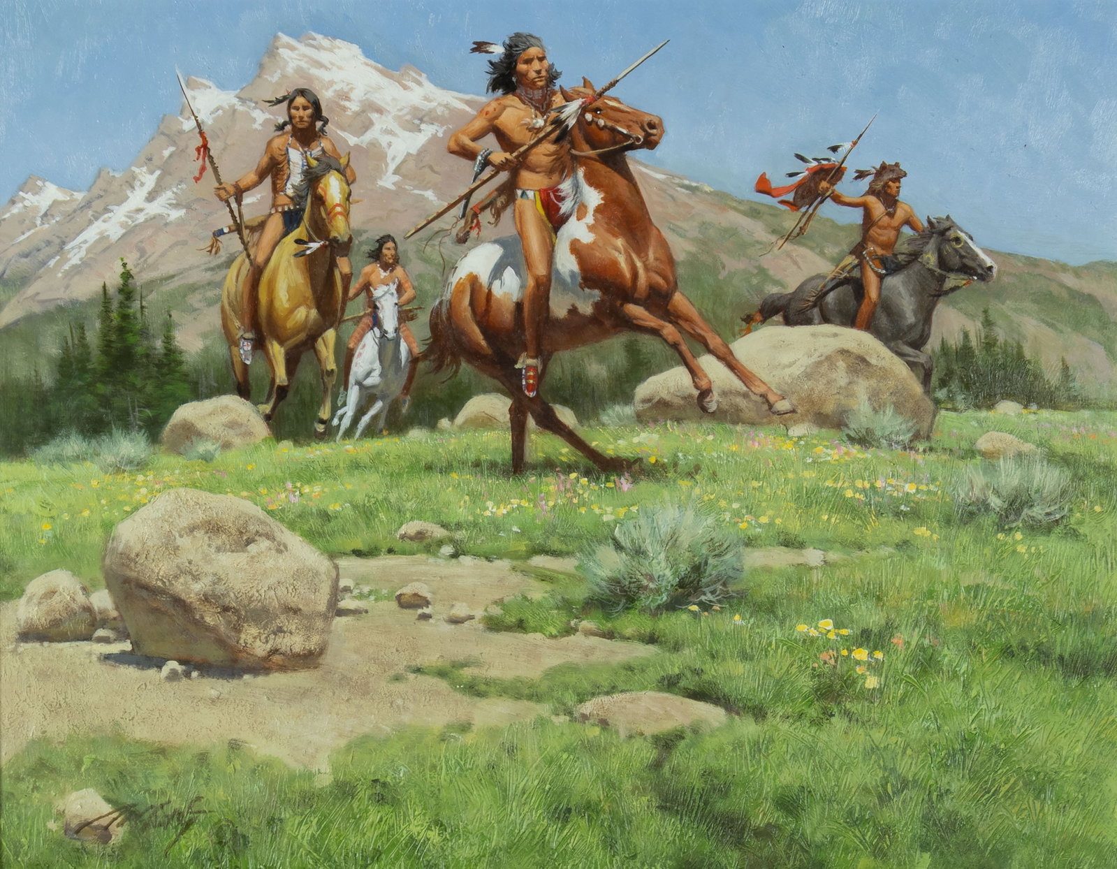 Frank C. McCarthy, Warriors Return #3: Frank C. McCarthy 1924-2002 Warriors Return #3 oil on panel signed lower left: McCarthy © verso: titled and signed 11 x 14 in., Frame: 18 1/8 x 21 1/8 x 2 3/4 in. Provenance: Private Collection,