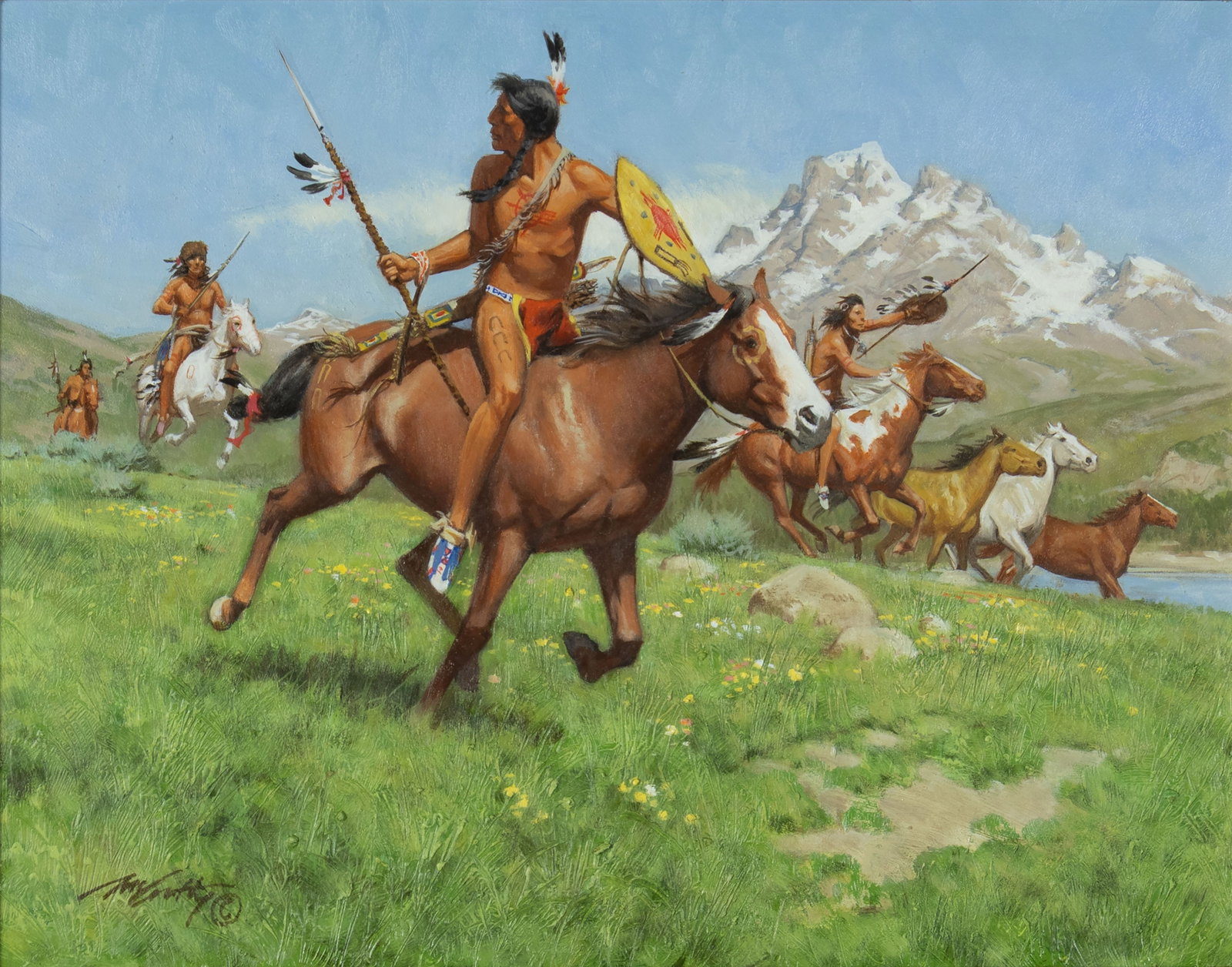 Frank C. McCarthy, Warriors Return #4: Frank C. McCarthy 1924-2002 Warriors Return #4 oil on panel signed lower left: McCarthy © verso: titled and signed 11 x 14 in., Frame: 18 1/8 x 21 1/8 x 2 3/4 in. Provenance: Private Collection,