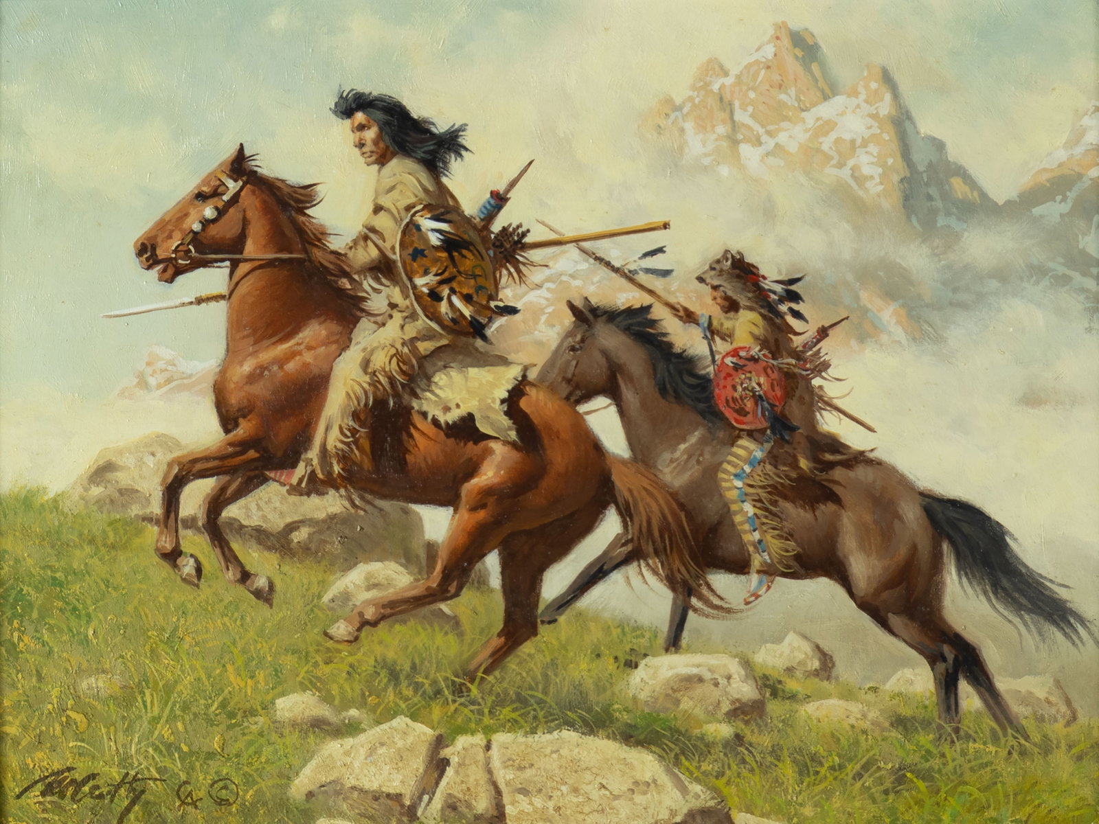Frank C. McCarthy, Two Scouts: Frank C. McCarthy 1924-2002 Two Scouts oil on panel signed lower left: McCarthy (Cowboy Artists of America cipher) © verso: titled and signed 9 x 12 in., Frame: 16 3/8 x 19 1/2 x 2 1/4 in.